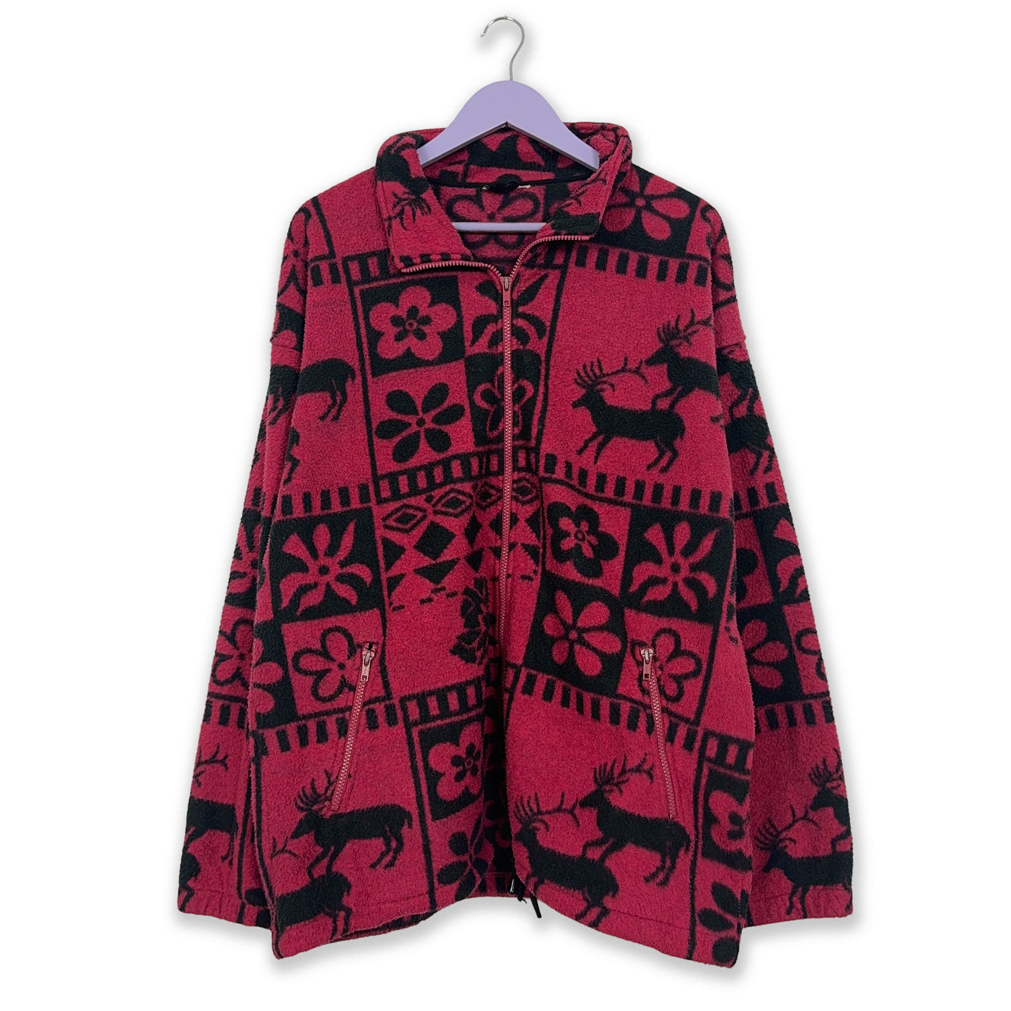 Dark Pink and Black Patterned 80's Full Zip Vintage Fleece - Men's Size XXL