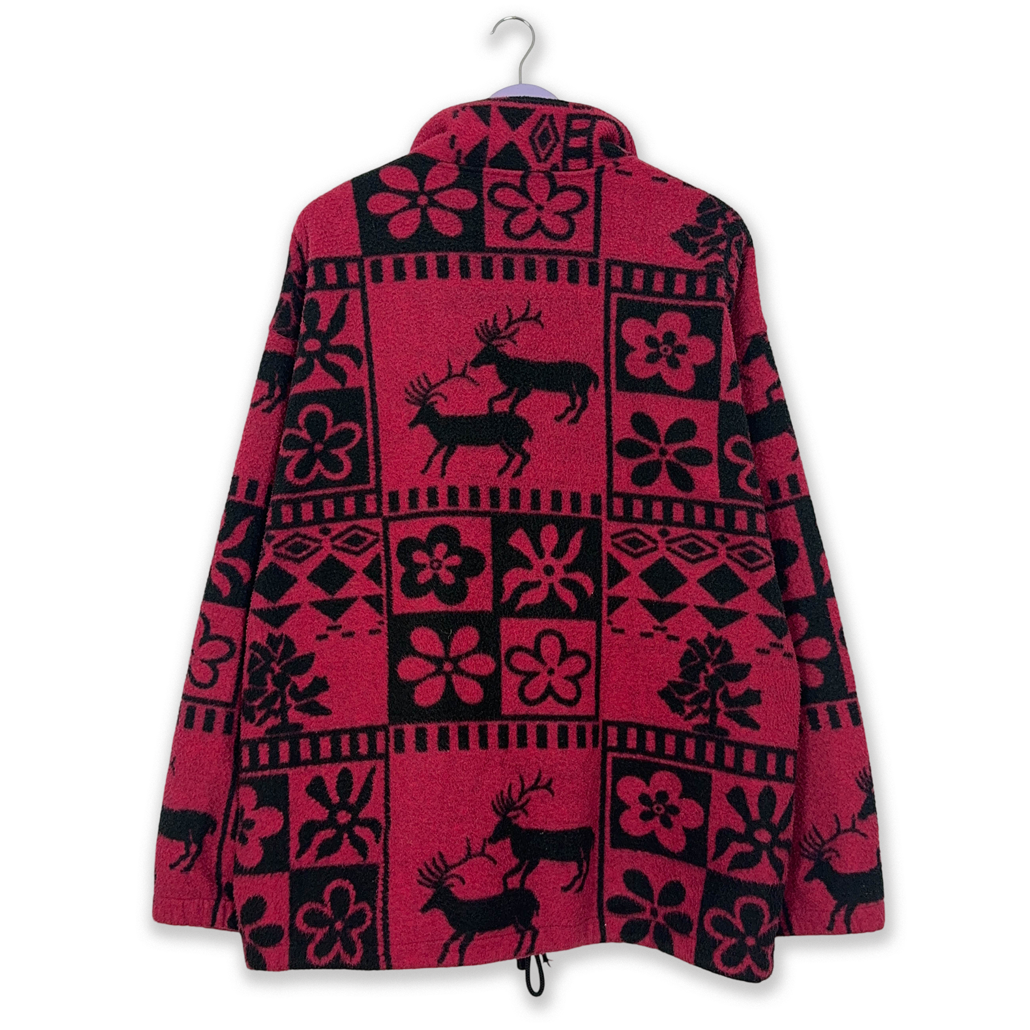 Dark Pink and Black Patterned 80's Full Zip Vintage Fleece - Men's Size XXL