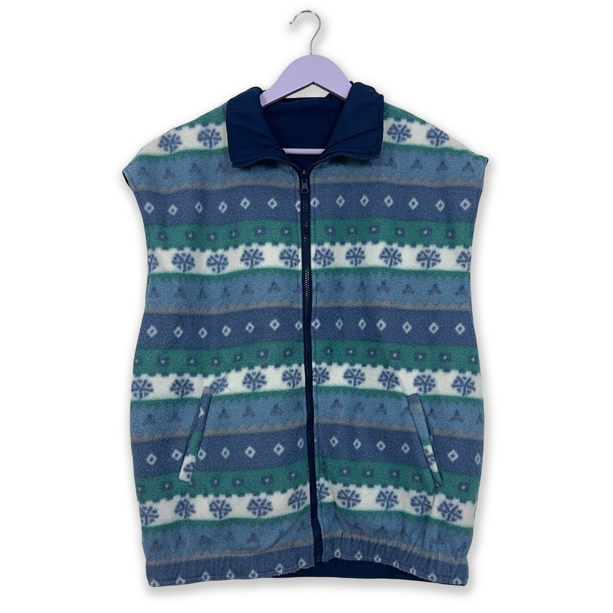 Vintage double-face sleeveless fleece in blue with 80s pattern - Size L/XL men
