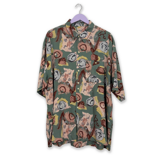 Green and Pink Abstract Pattern Vintage Shirt - Men's Size XXL