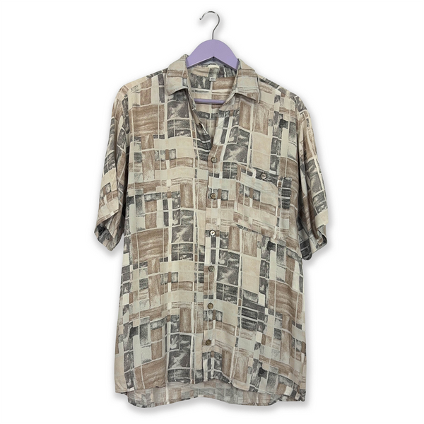 Vintage Beige Multicolored Shirt with Abstract Geometric Pattern - Size 39 M/L Men's