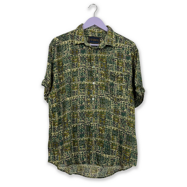 Dark Green Vintage Shirt with Abstract Geometric Pattern - Men's Size M/L