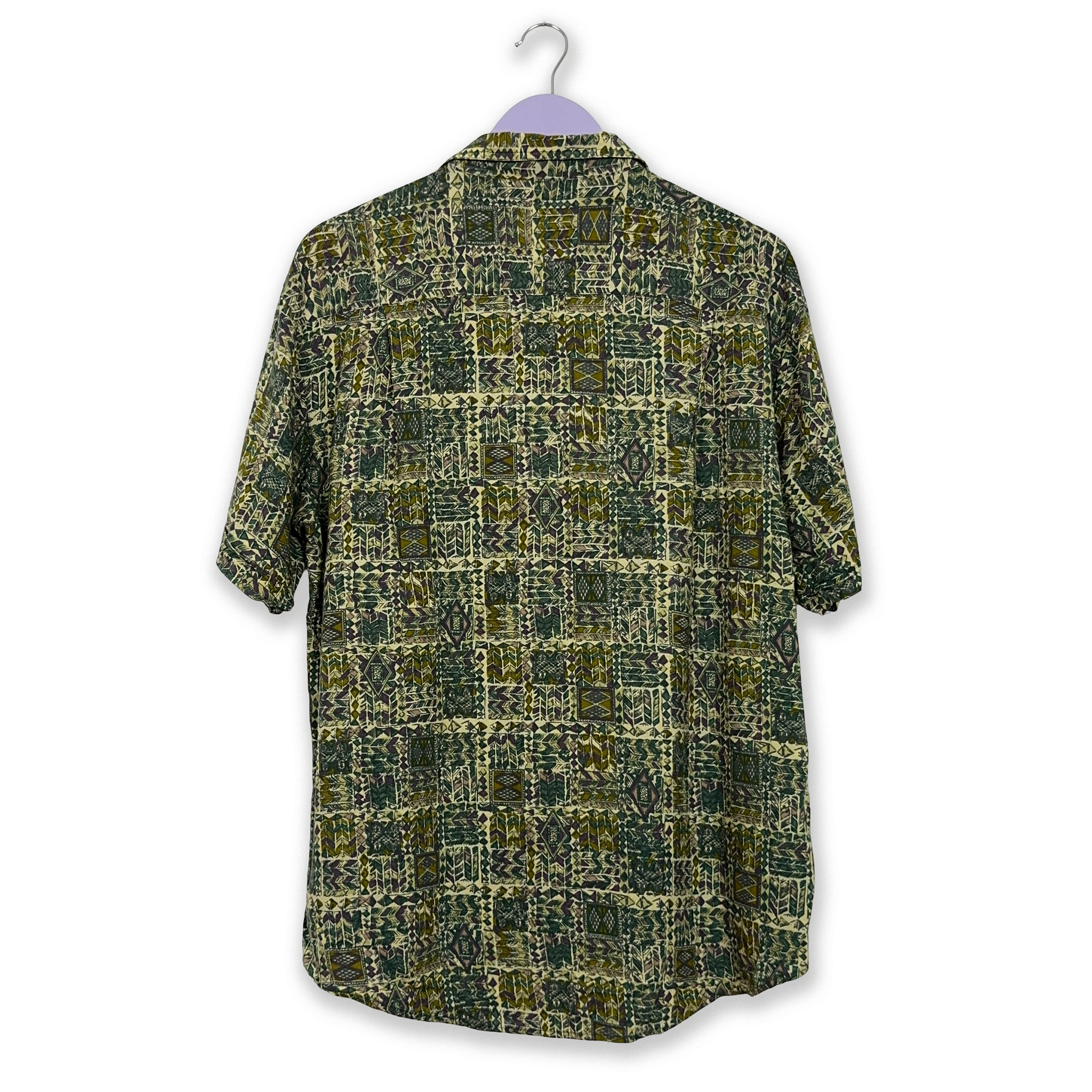 Camicia Vintage verde scuro a fantasia geometrica astratta - Taglia M/L uomo