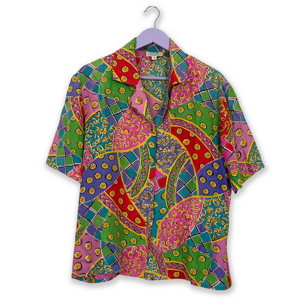 100% Silk Multicolor Abstract Pattern Vintage Shirt - Men's Size S/M