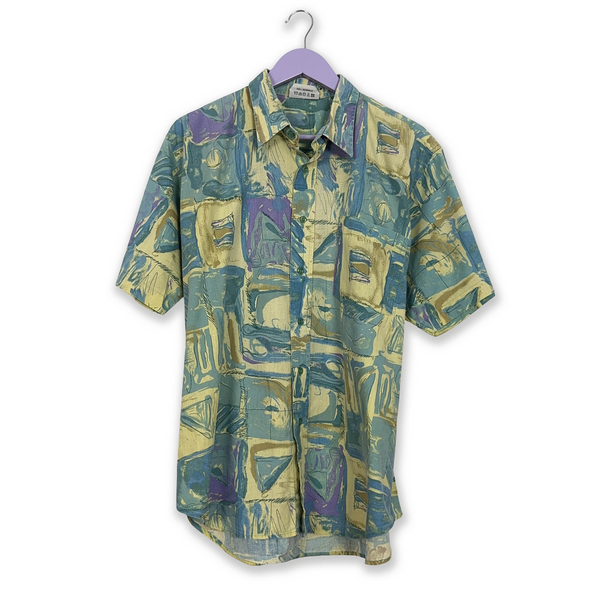 Vintage Blue and Yellow Shirt with Abstract Geometric Pattern - Men's Size XL