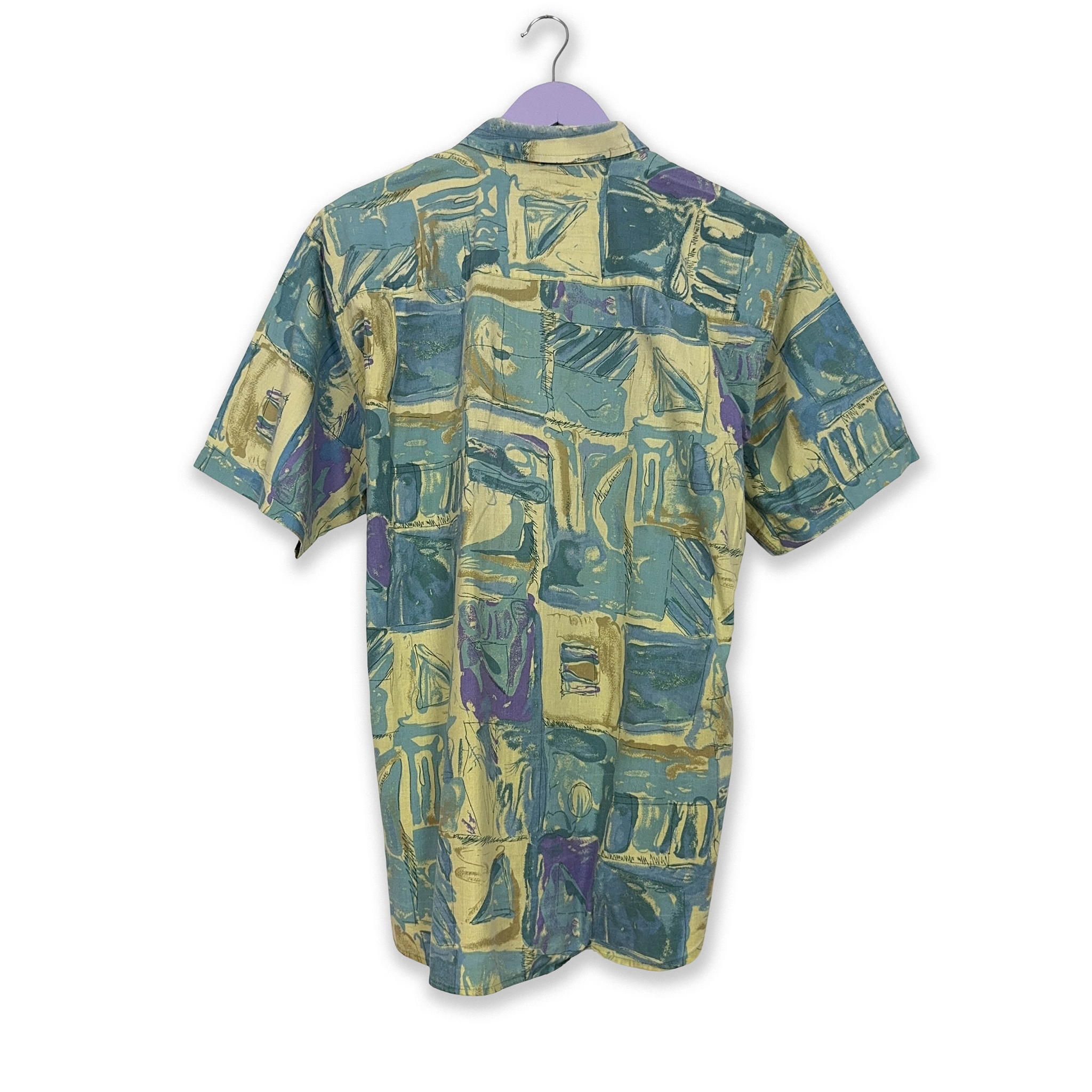 Camicia Vintage blu e gialla a fantasia geometrica astratta - Taglia XL uomo