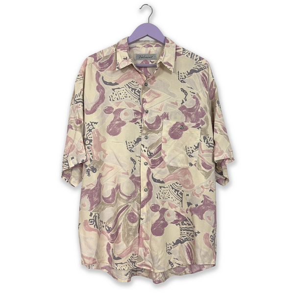 Beige and Pink Vintage Shirt with Abstract Geometric Pattern - Men's Size XL