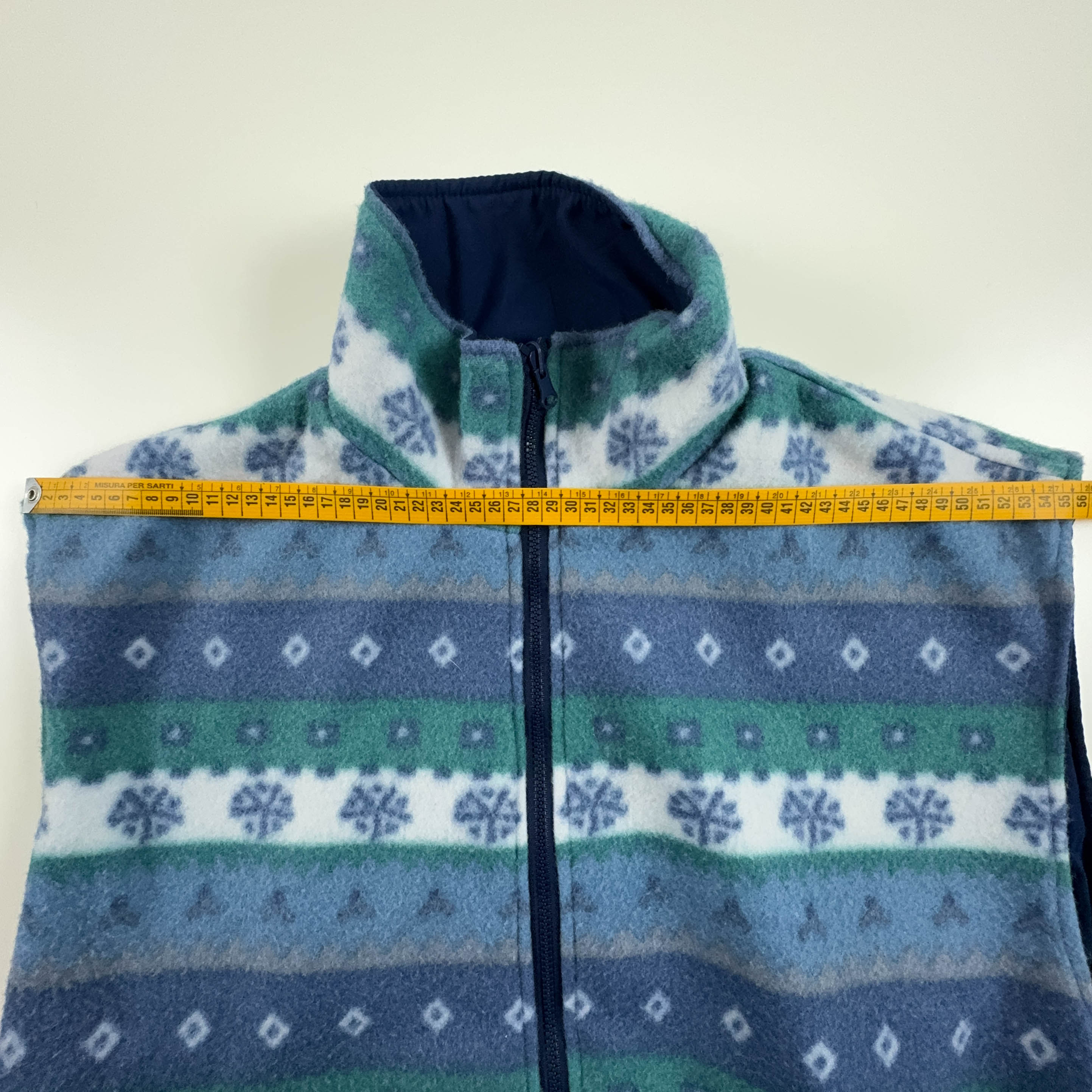 Vintage double-face sleeveless fleece in blue with 80s pattern - Size L/XL men