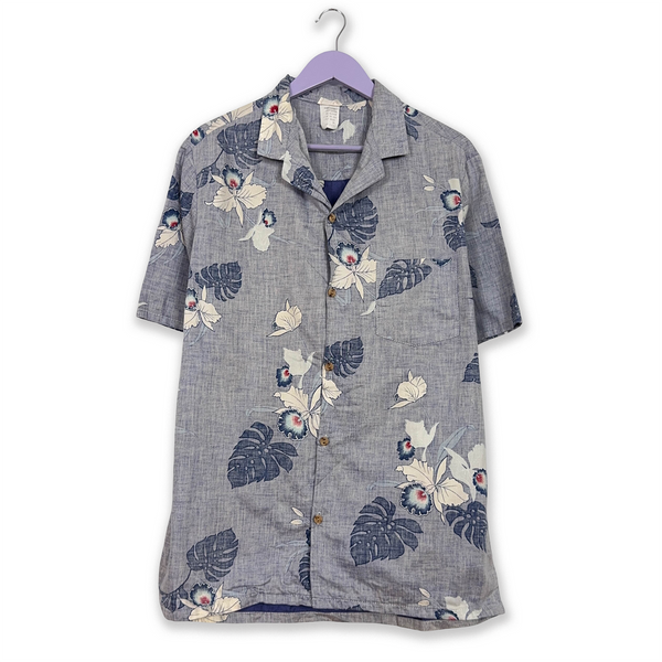 Vintage Blue Shirt with Abstract Floral Pattern - Men's Size L/XL