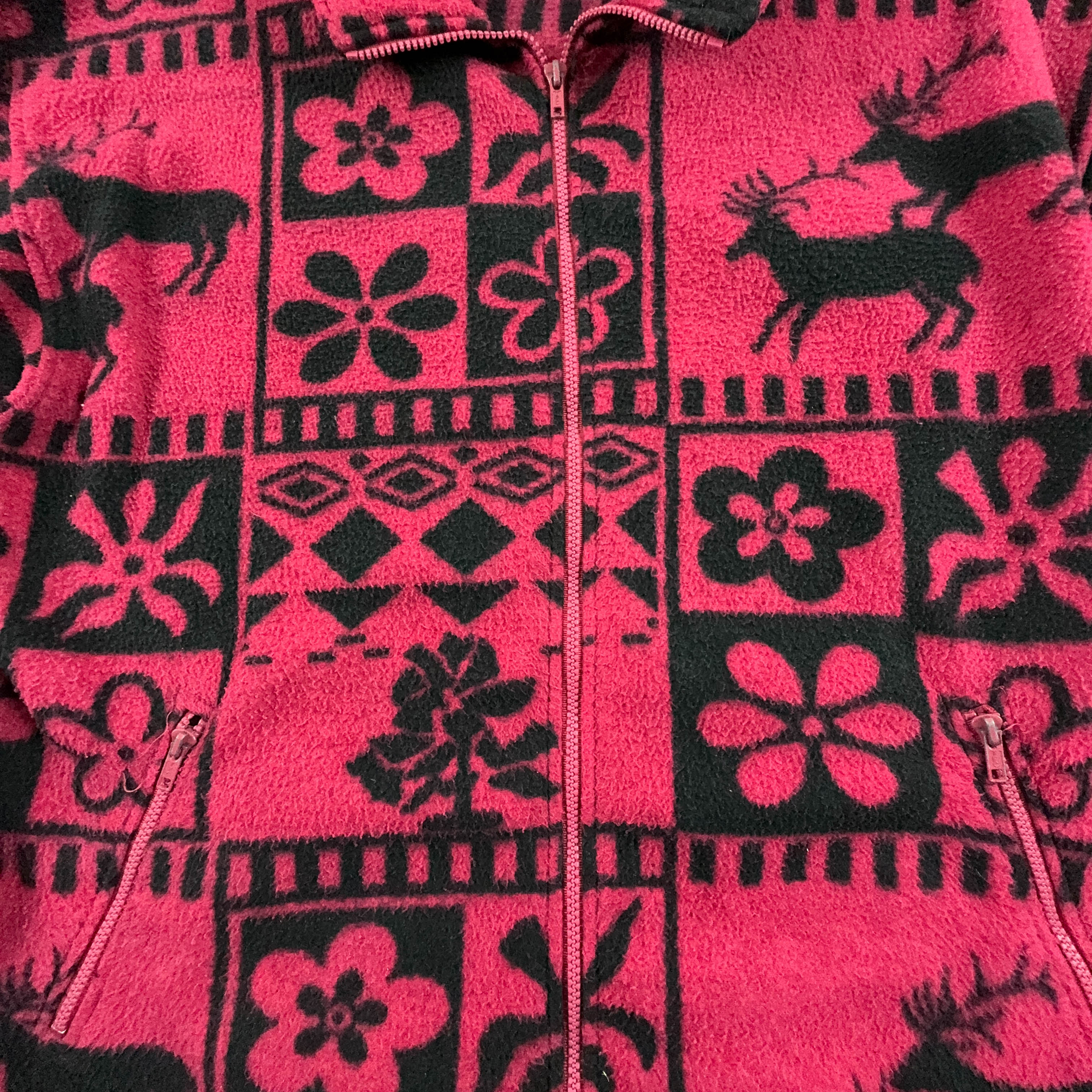 Dark Pink and Black Patterned 80's Full Zip Vintage Fleece - Men's Size XXL