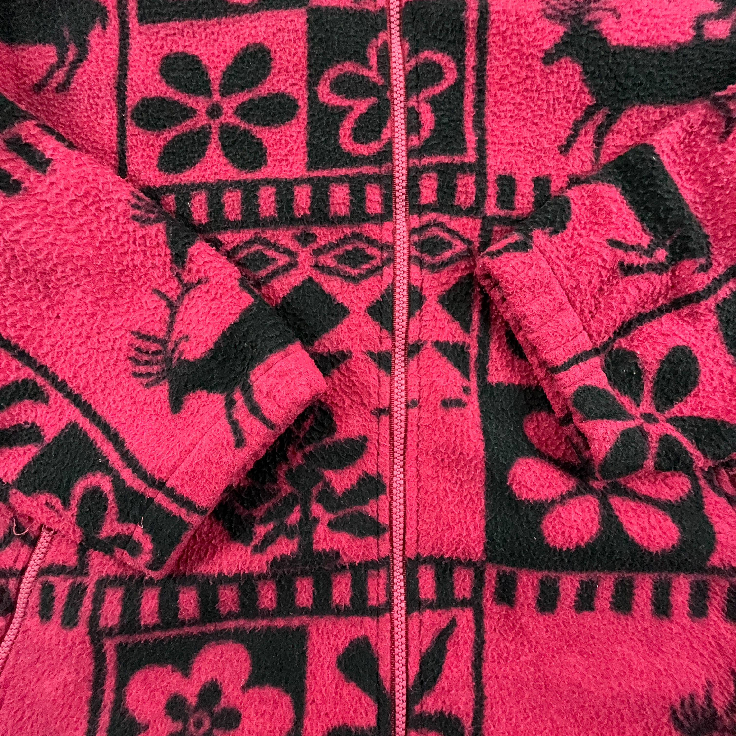 Dark Pink and Black Patterned 80's Full Zip Vintage Fleece - Men's Size XXL