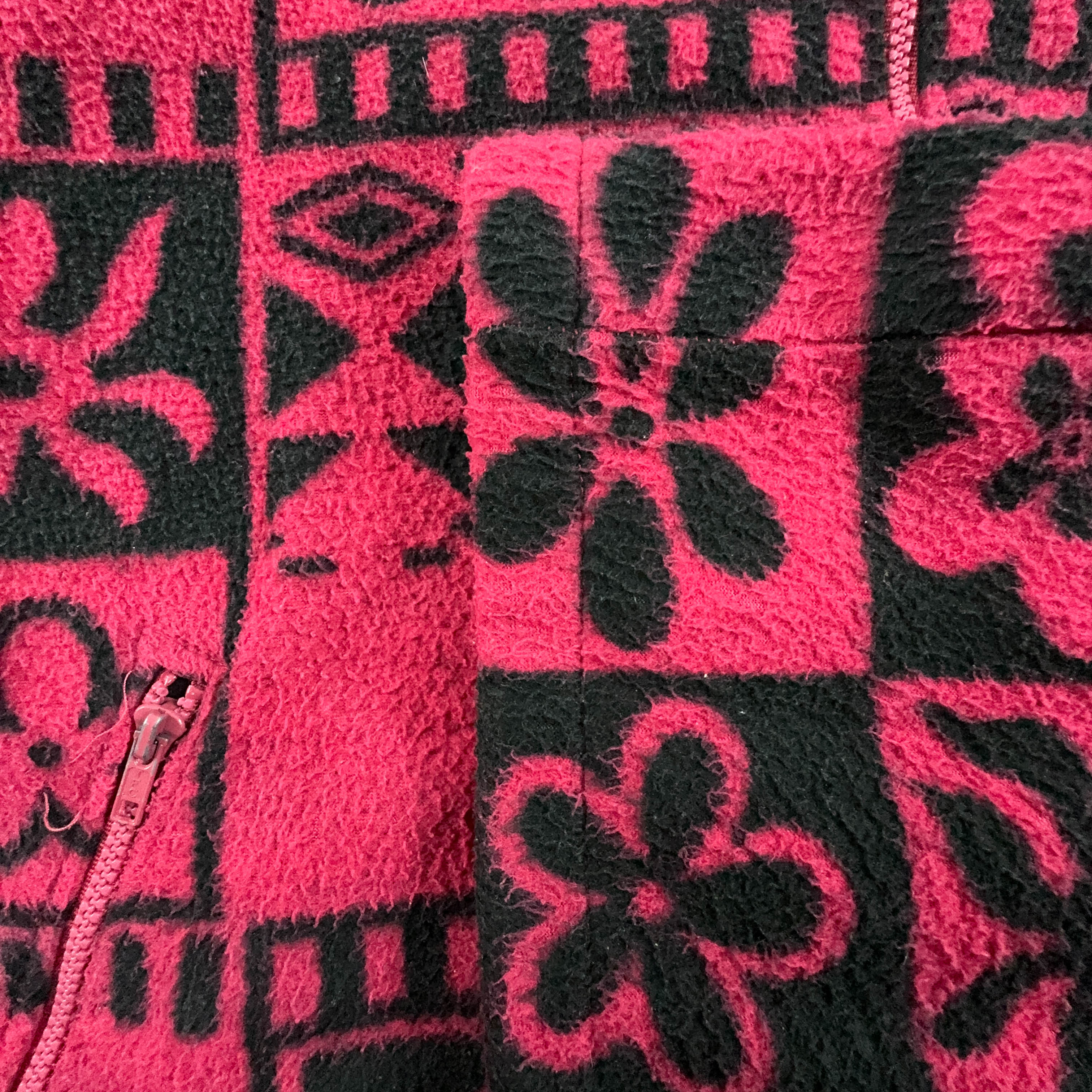 Dark Pink and Black Patterned 80's Full Zip Vintage Fleece - Men's Size XXL