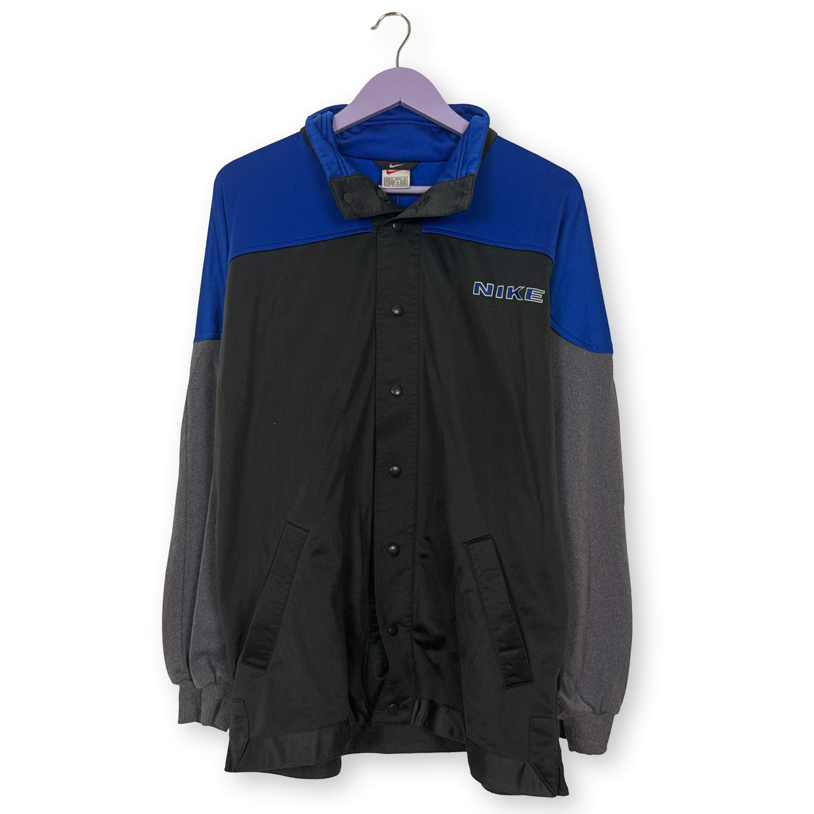 Felpa Nike Vintage grigia nera e blu con zip e bottoni anni 90 - Taglia 50/52 uomo