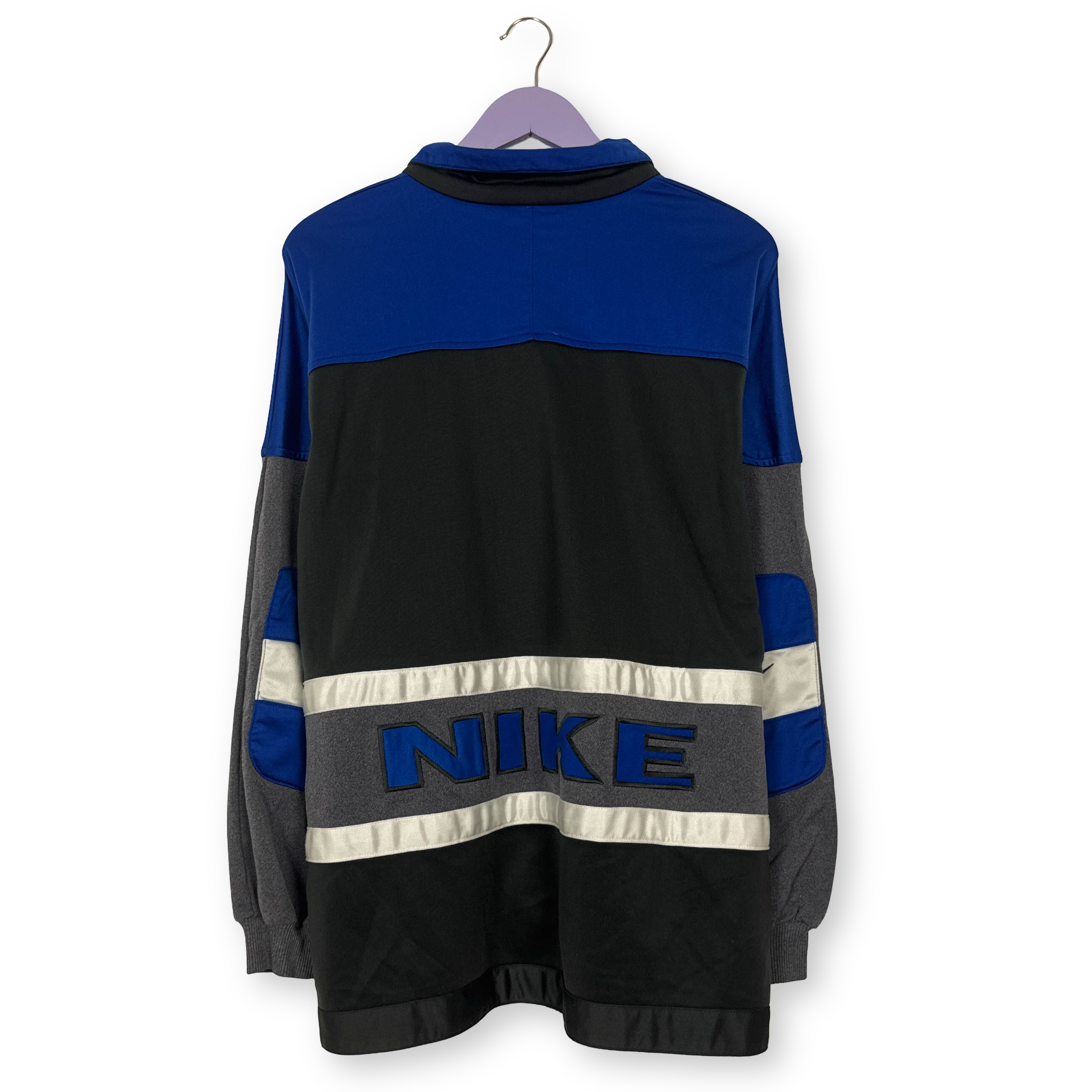 Felpa Nike Vintage grigia nera e blu con zip e bottoni anni 90 - Taglia 50/52 uomo