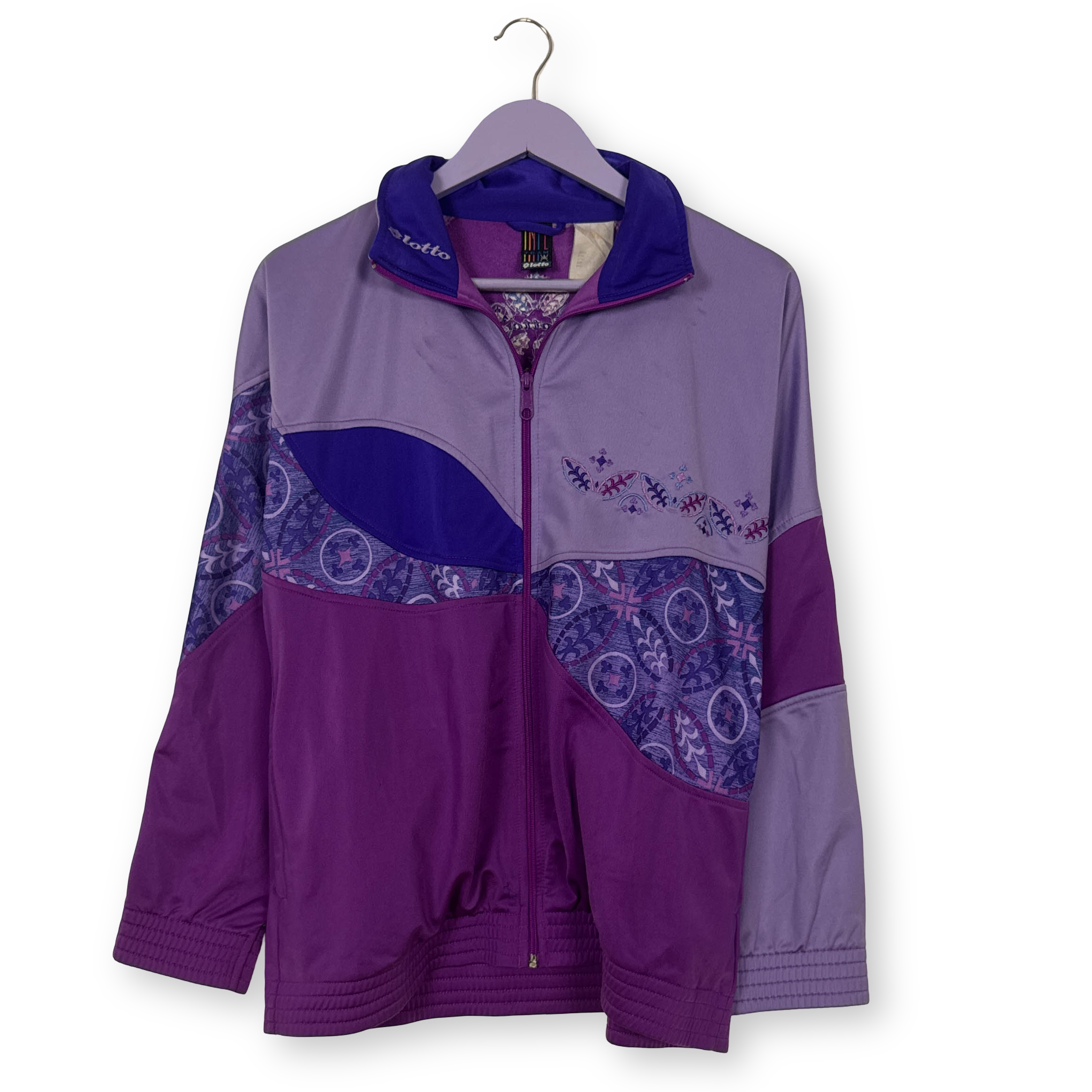 Felpa Lotto Vintage viola lillà con zip e ricami frontali anni 80 90 - Taglia M uomo