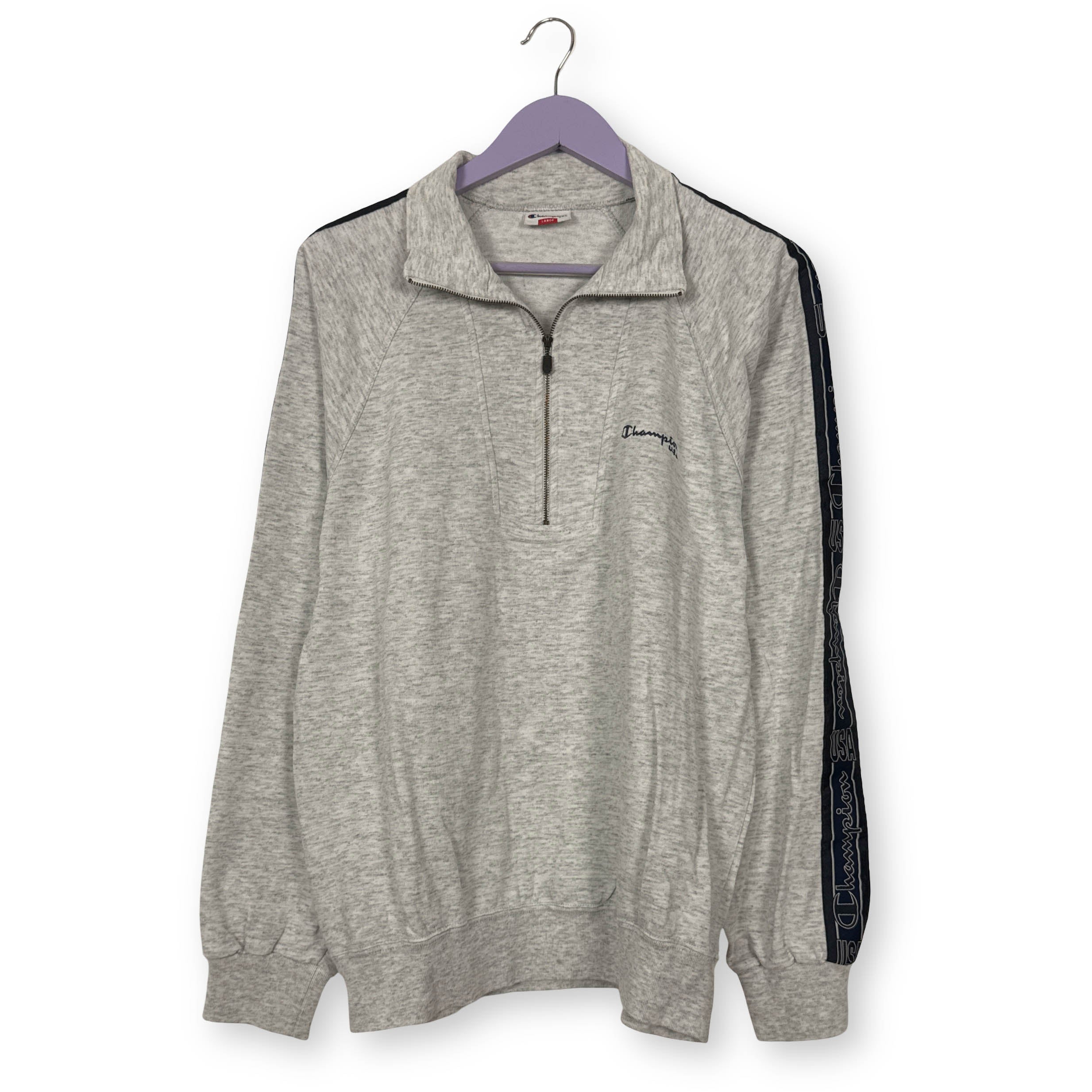 Felpa Champion Vintage grigia e blu quarter zip e ricamo anni 80 90 - Taglia L/XL uomo