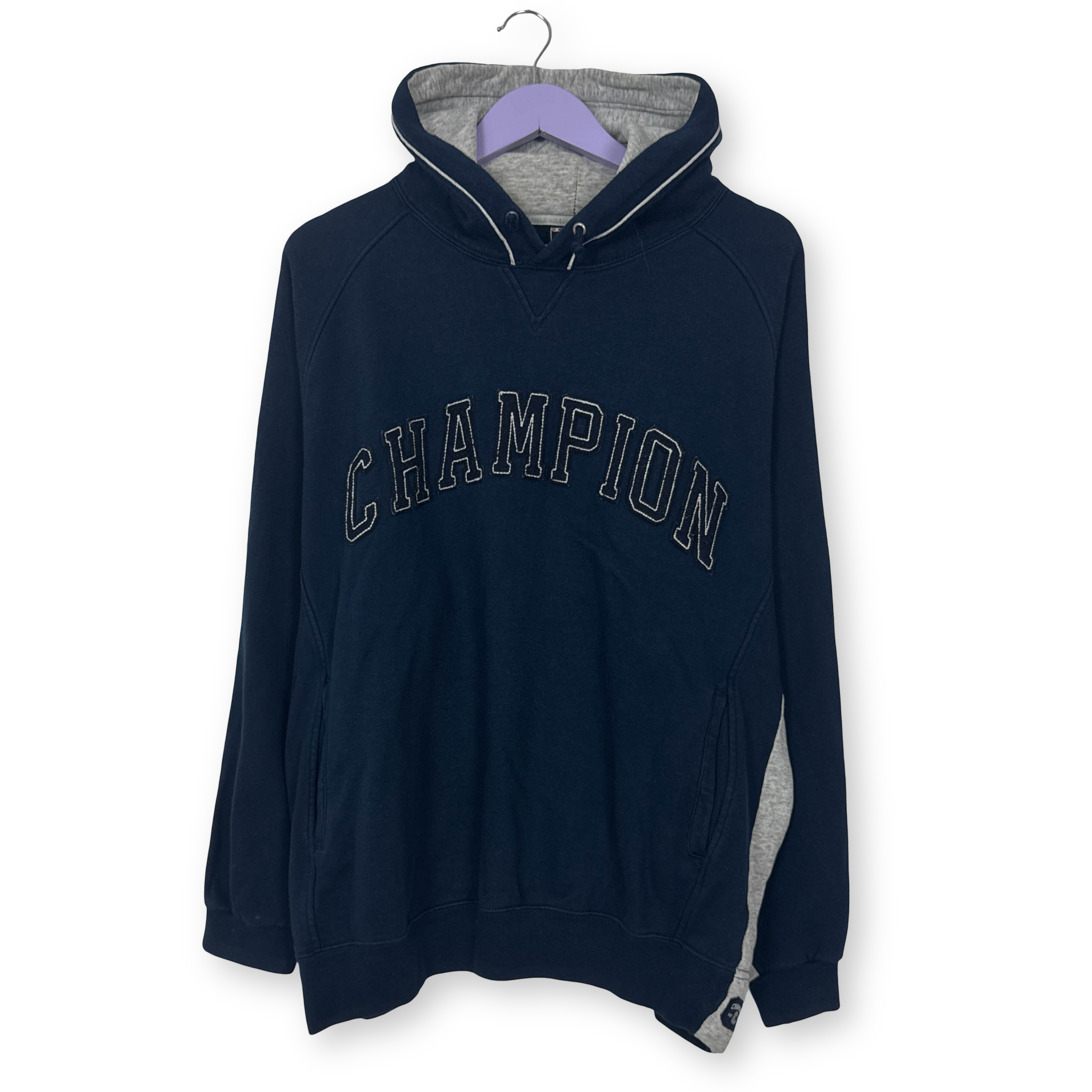 Felpa Champion Vintage blu scura e grigia con cappuccio anni 90 00 - Taglia L uomo