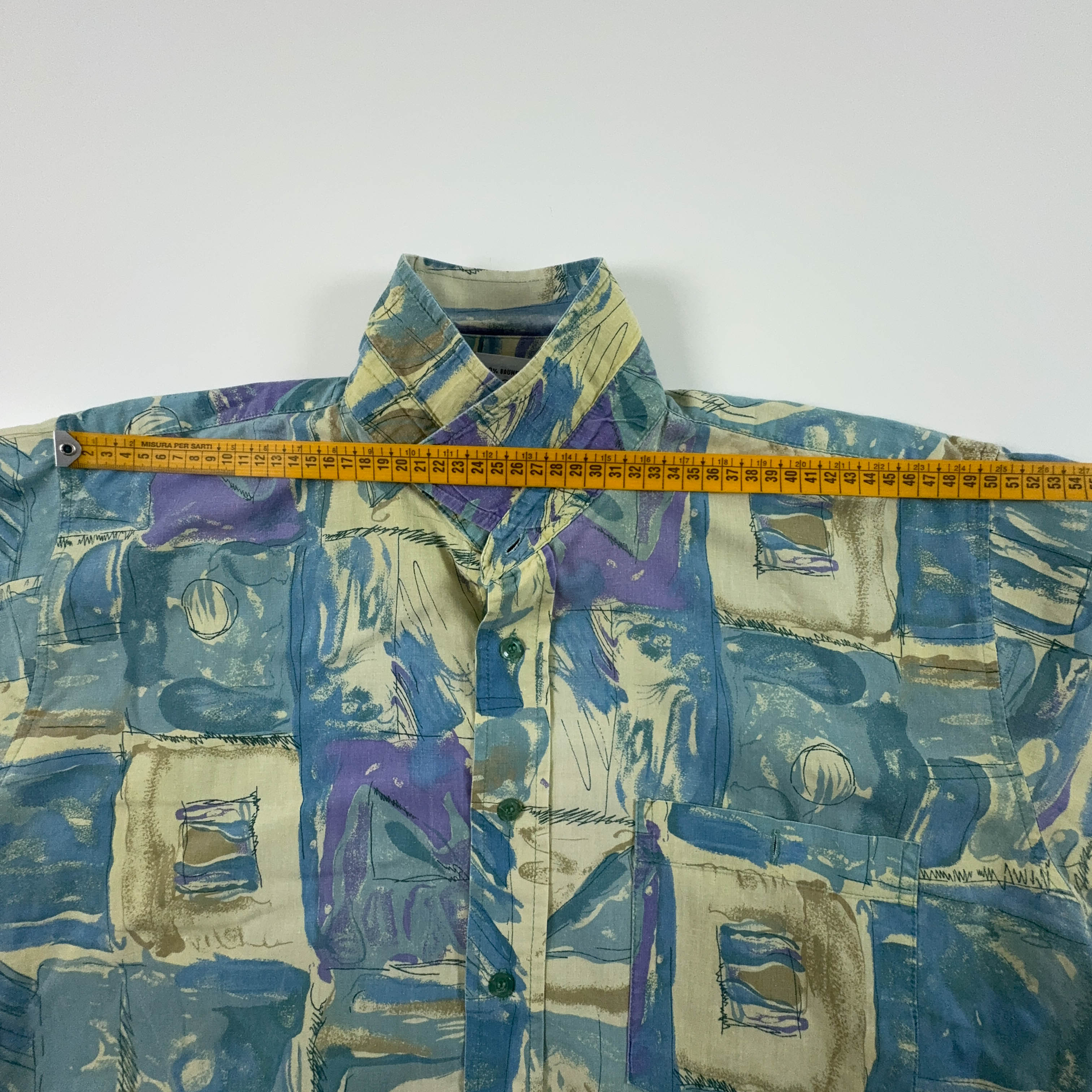 Camicia Vintage blu e gialla a fantasia geometrica astratta - Taglia XL uomo