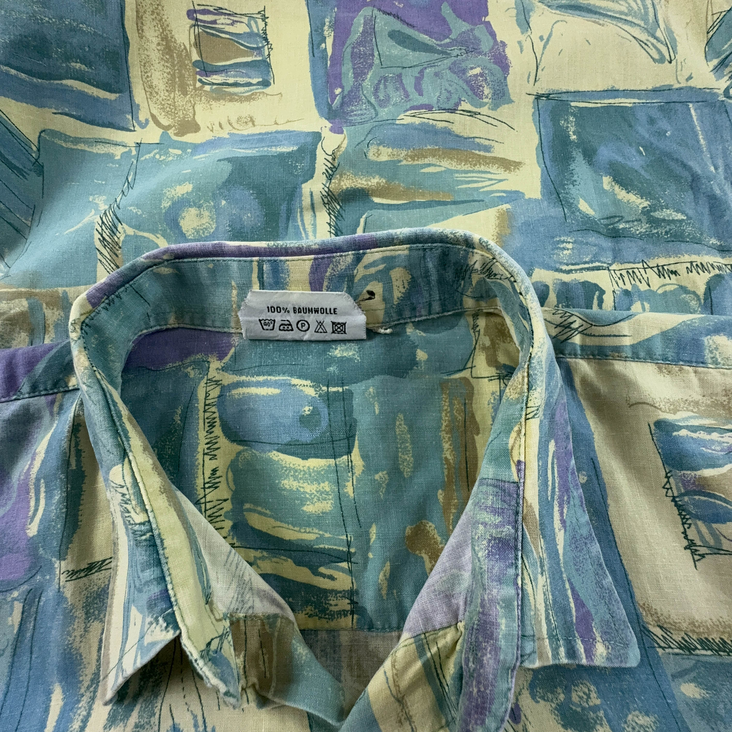 Camicia Vintage blu e gialla a fantasia geometrica astratta - Taglia XL uomo