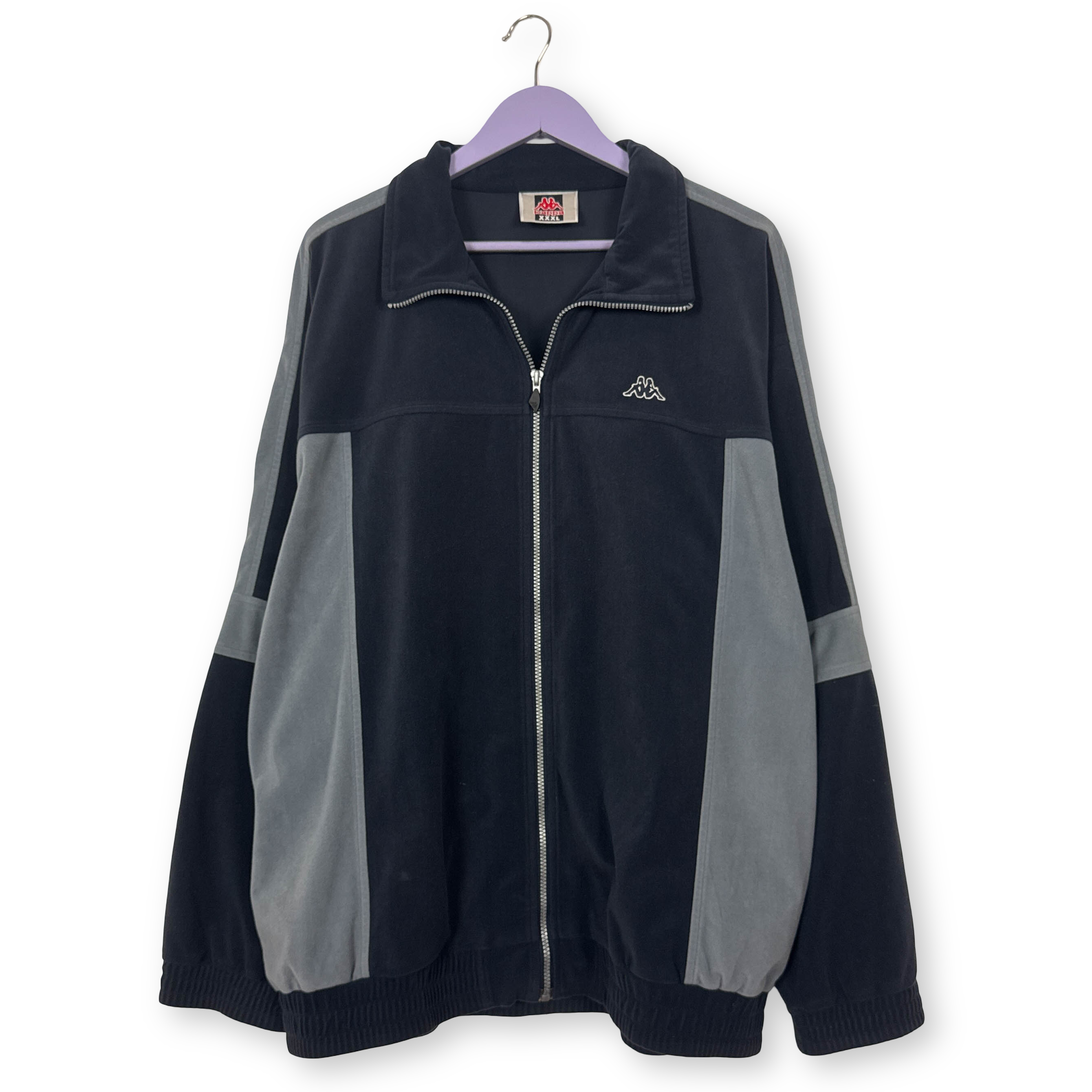Felpa Kappa Vintage blu scura e grigia con zip e ricamo anni 80 90 - Taglia 3XL uomo