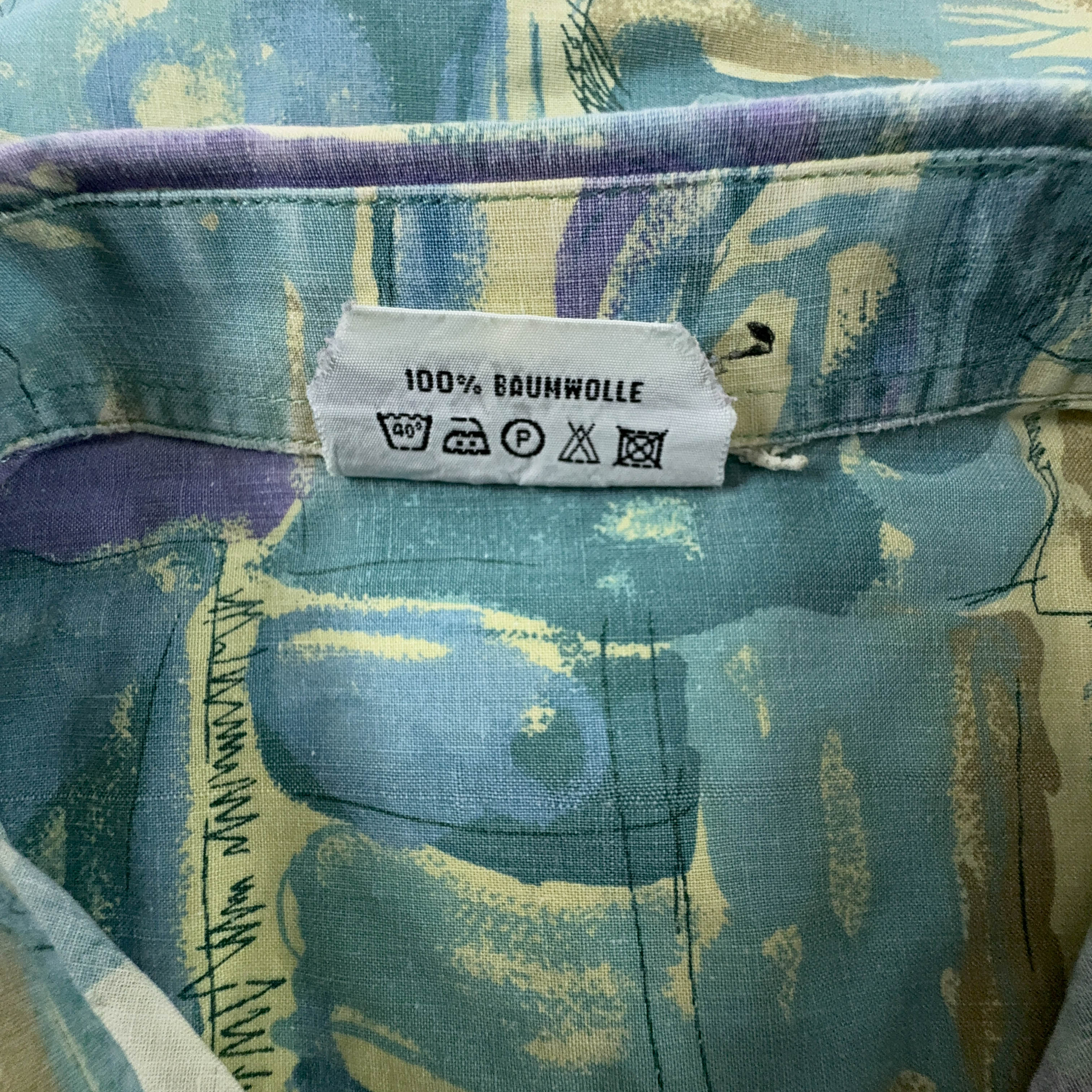 Camicia Vintage blu e gialla a fantasia geometrica astratta - Taglia XL uomo