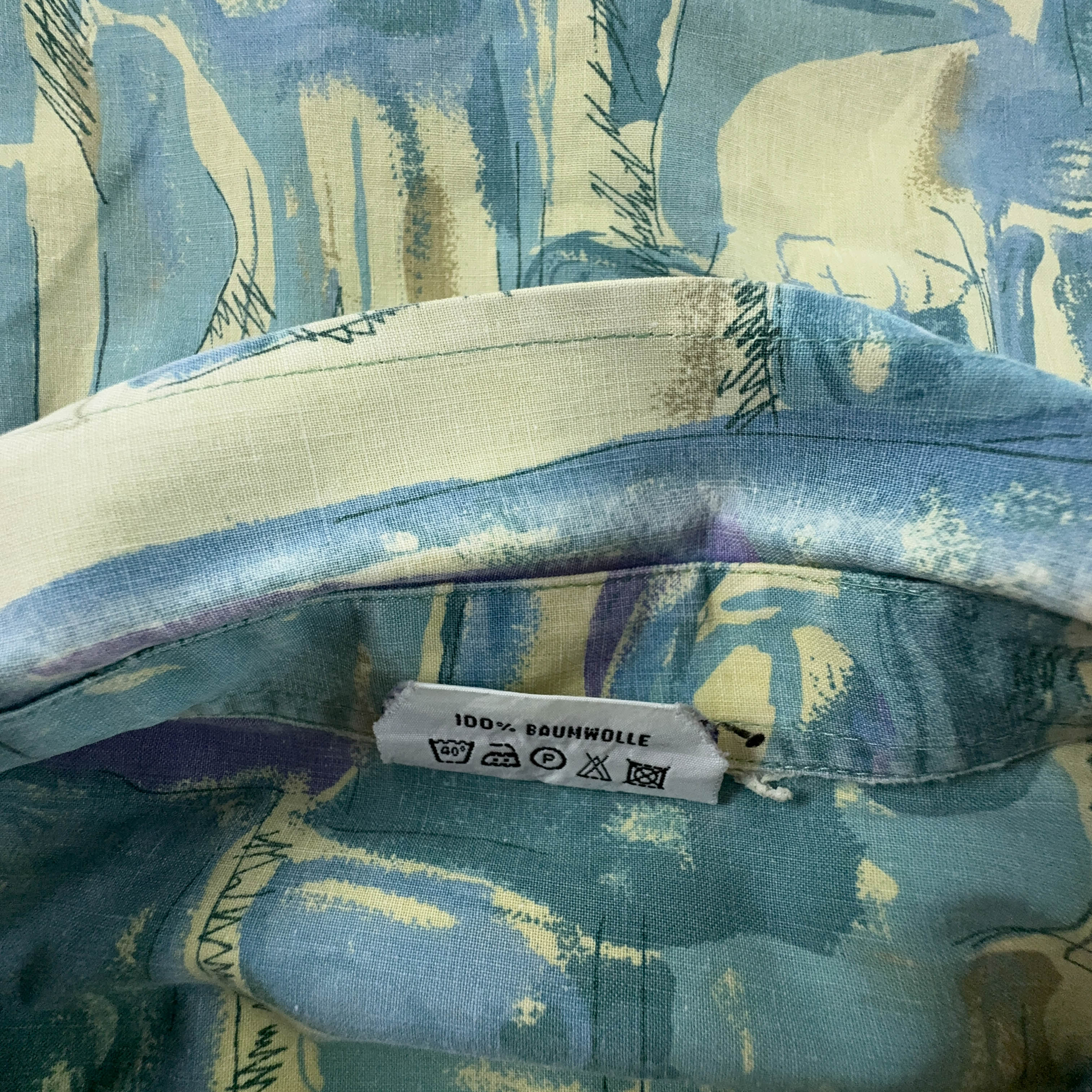 Camicia Vintage blu e gialla a fantasia geometrica astratta - Taglia XL uomo