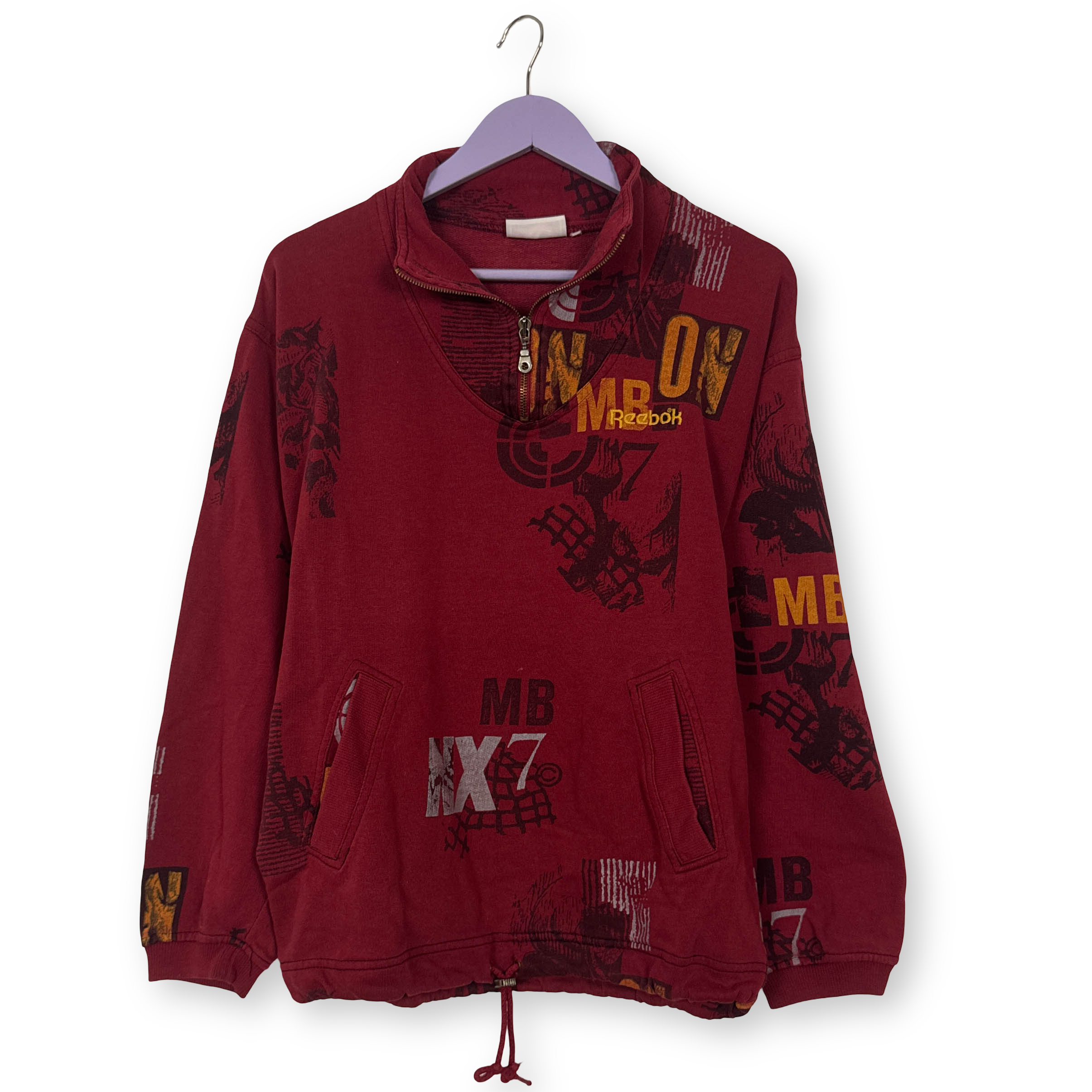 Felpa Reebok Vintage rossa con stampa all over quarter zip anni 90 00 - Taglia M uomo