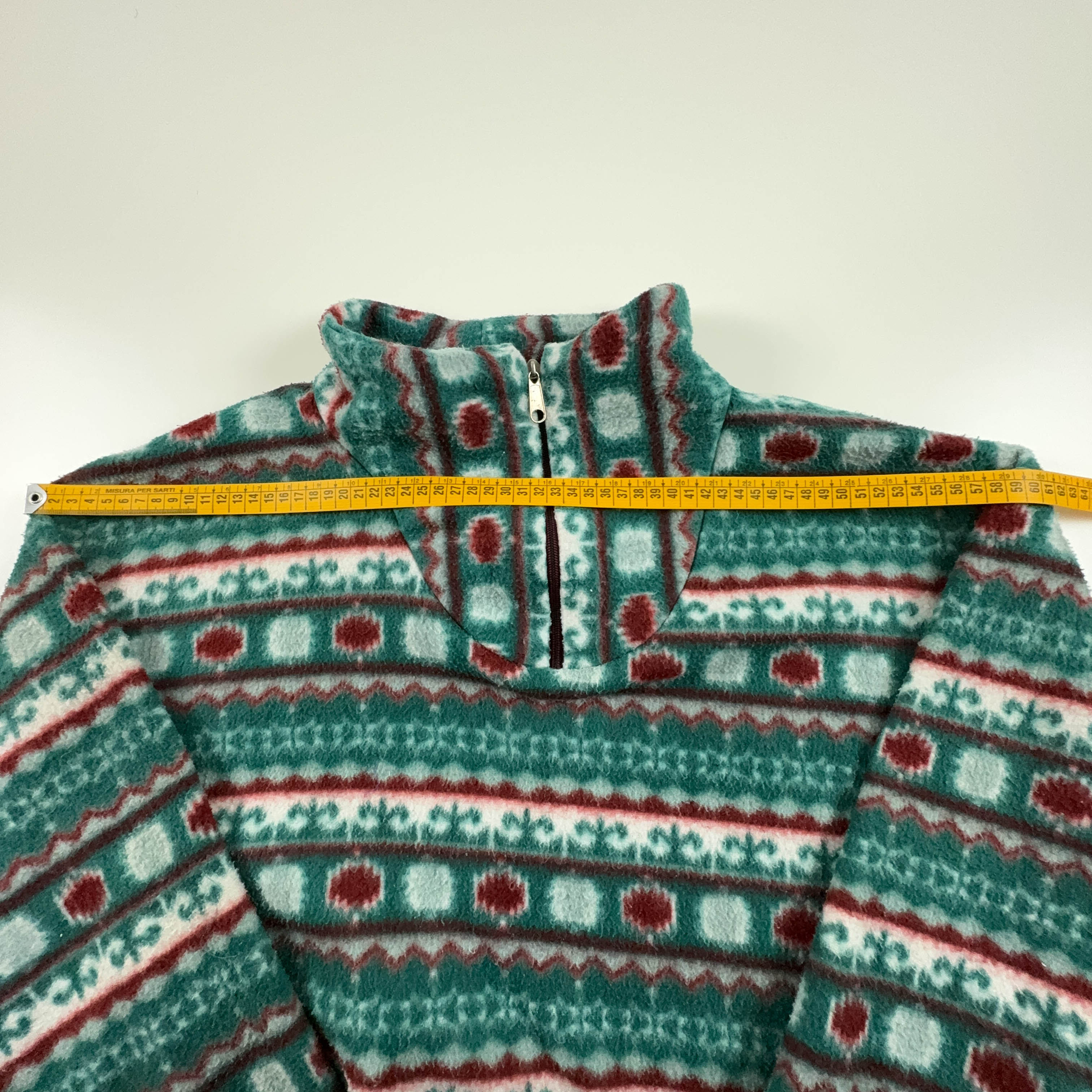 Vintage Green Pile with Geometric Striped Pattern Quarter Zip 80s - Size L Men