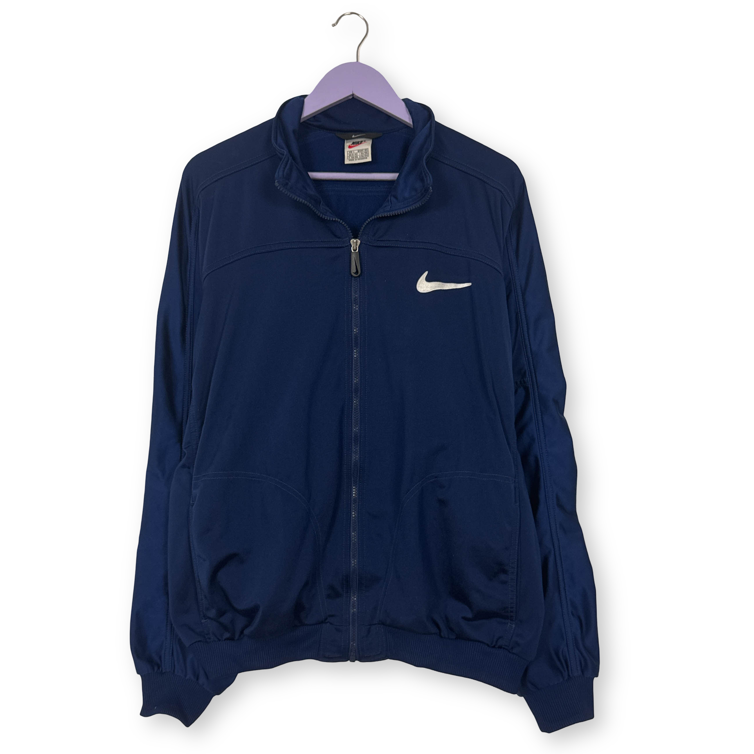 Felpa Nike Vintage blu scura con zip intera e logo ricamato anni 90 - Taglia L uomo