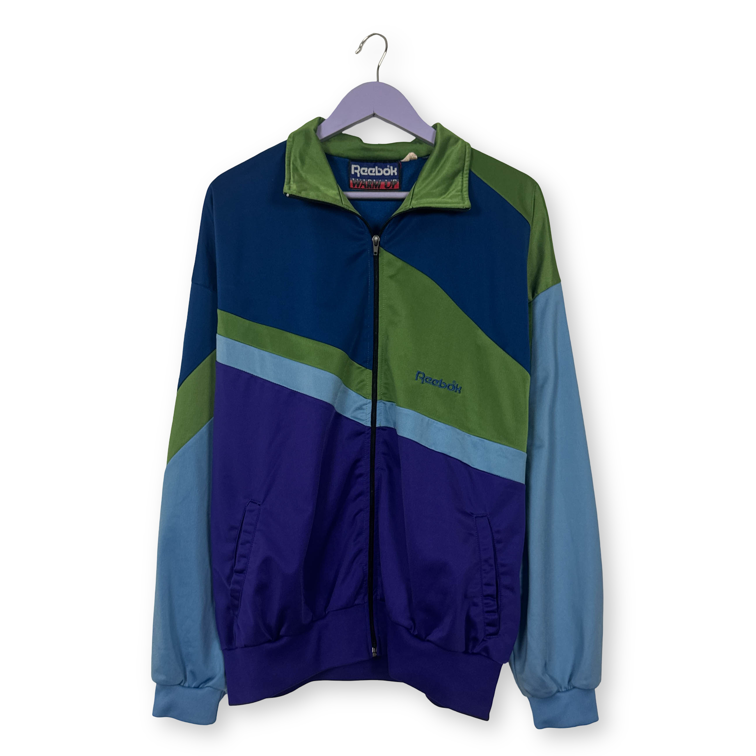 Felpa Reebok Vintage verde blu e viola con zip intera anni 80 90 - Taglia L/XL uomo