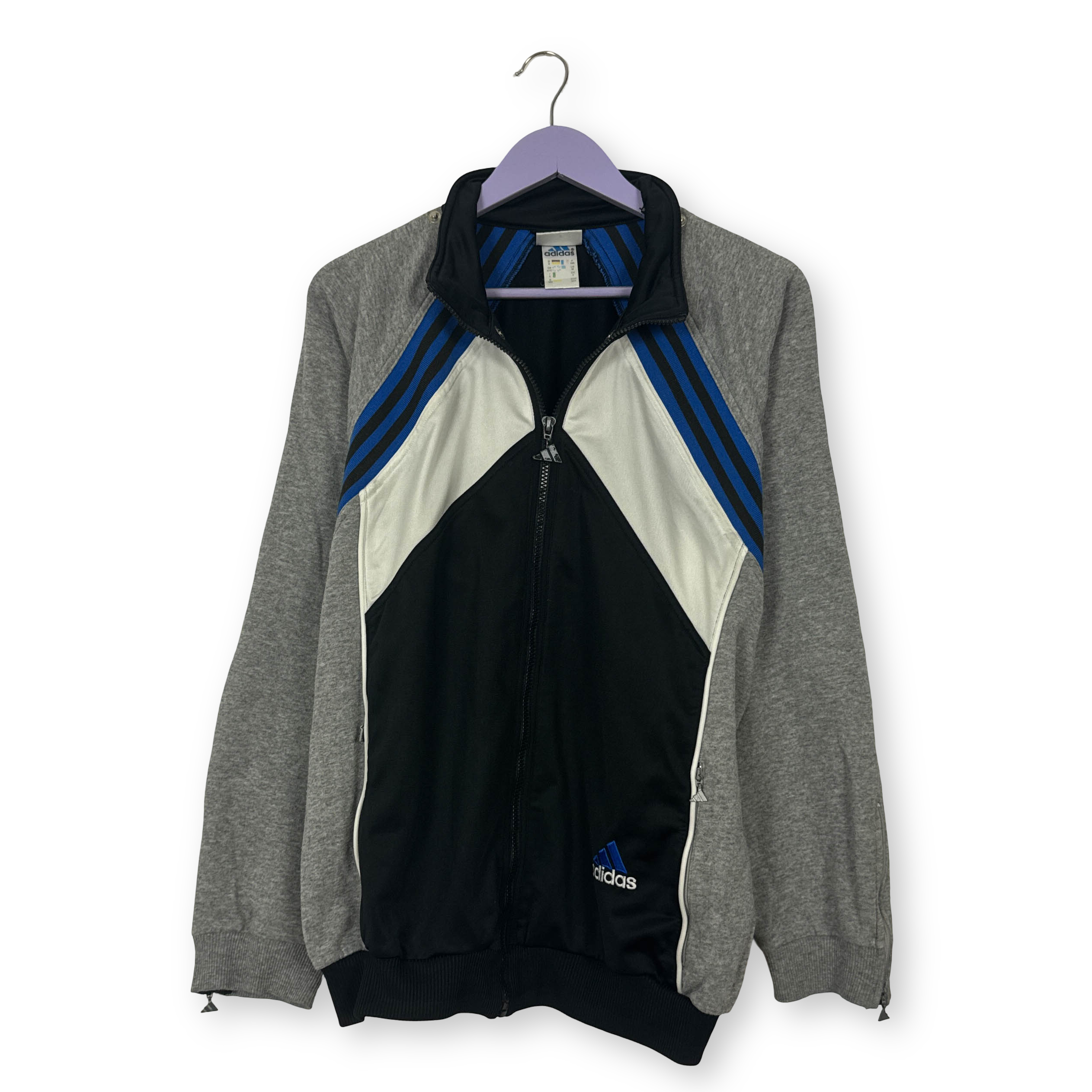 Felpa Adidas Vintage nera grigia e blu con zip e ricamo anni 80 90 - Taglia L uomo
