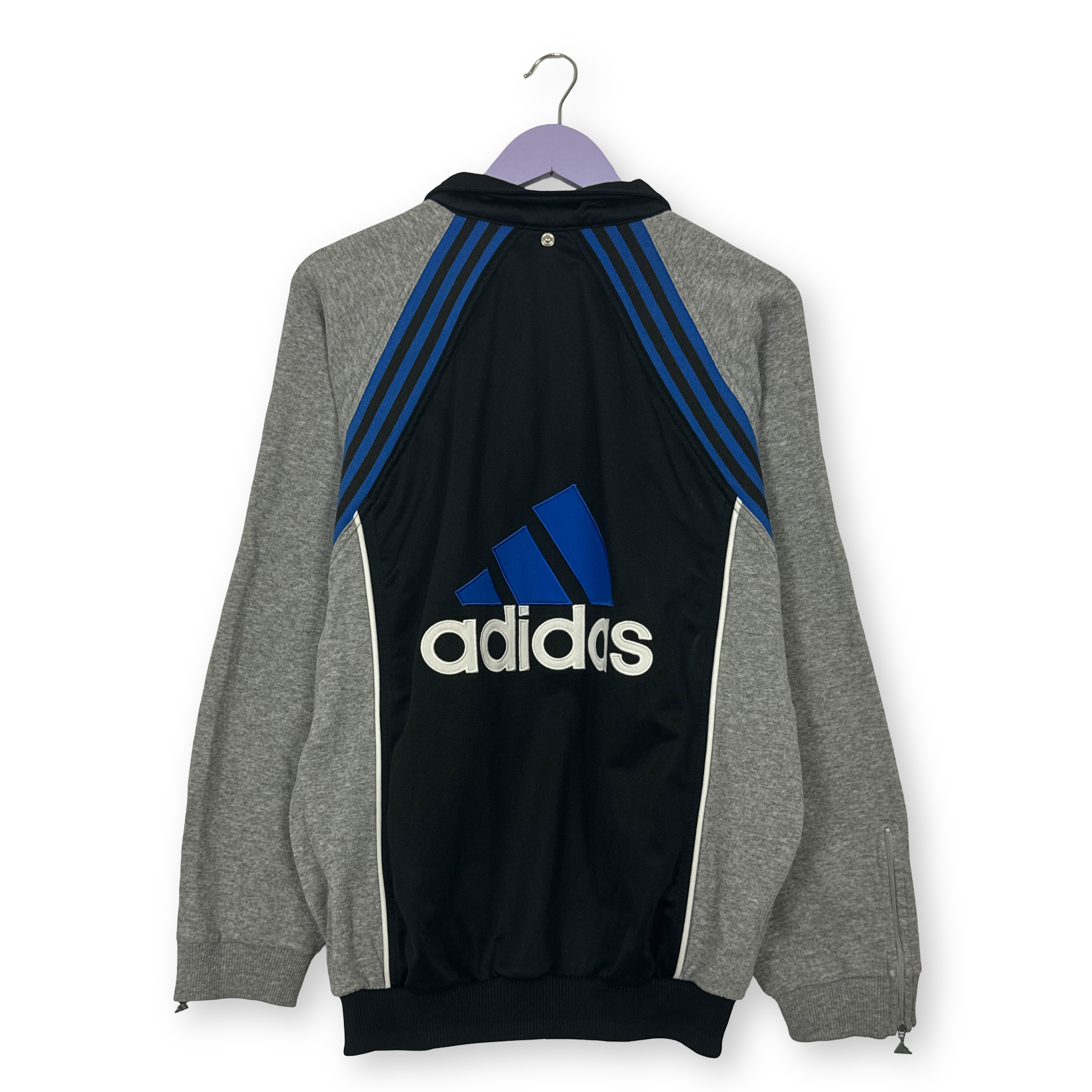 Felpa Adidas Vintage nera grigia e blu con zip e ricamo anni 80 90 - Taglia L uomo