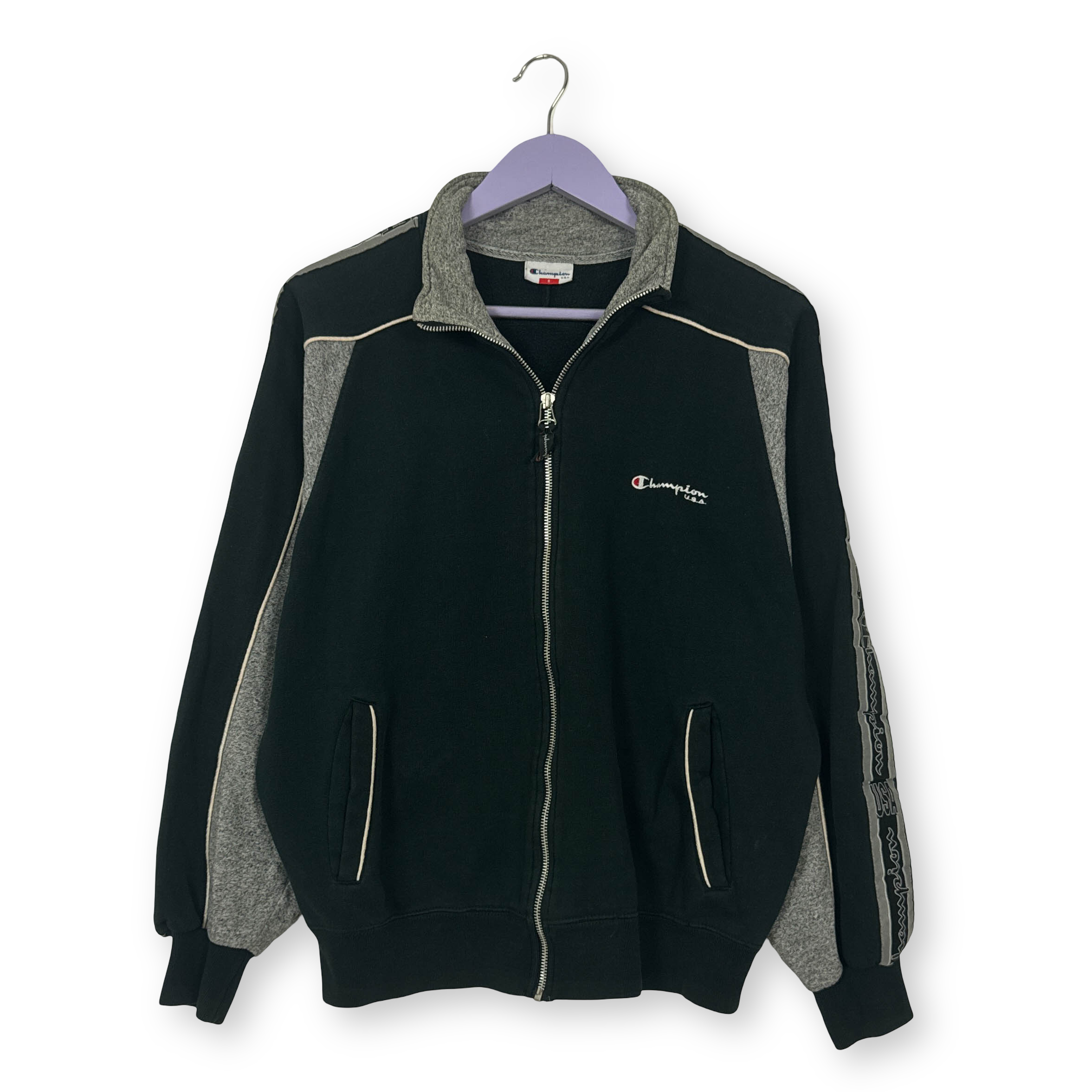 Felpa Champion Vintage nera e grigia con zip logo ricamato anni 80 90 - Taglia S/M uomo