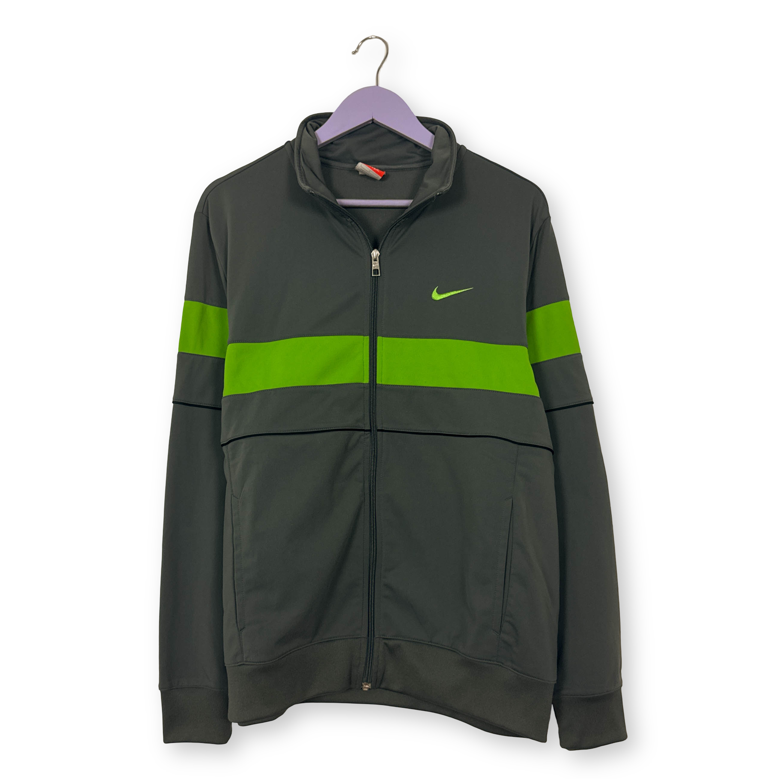 Felpa Nike Vintage grigia e verde con logo ricamato e zip anni 00 - Taglia L uomo