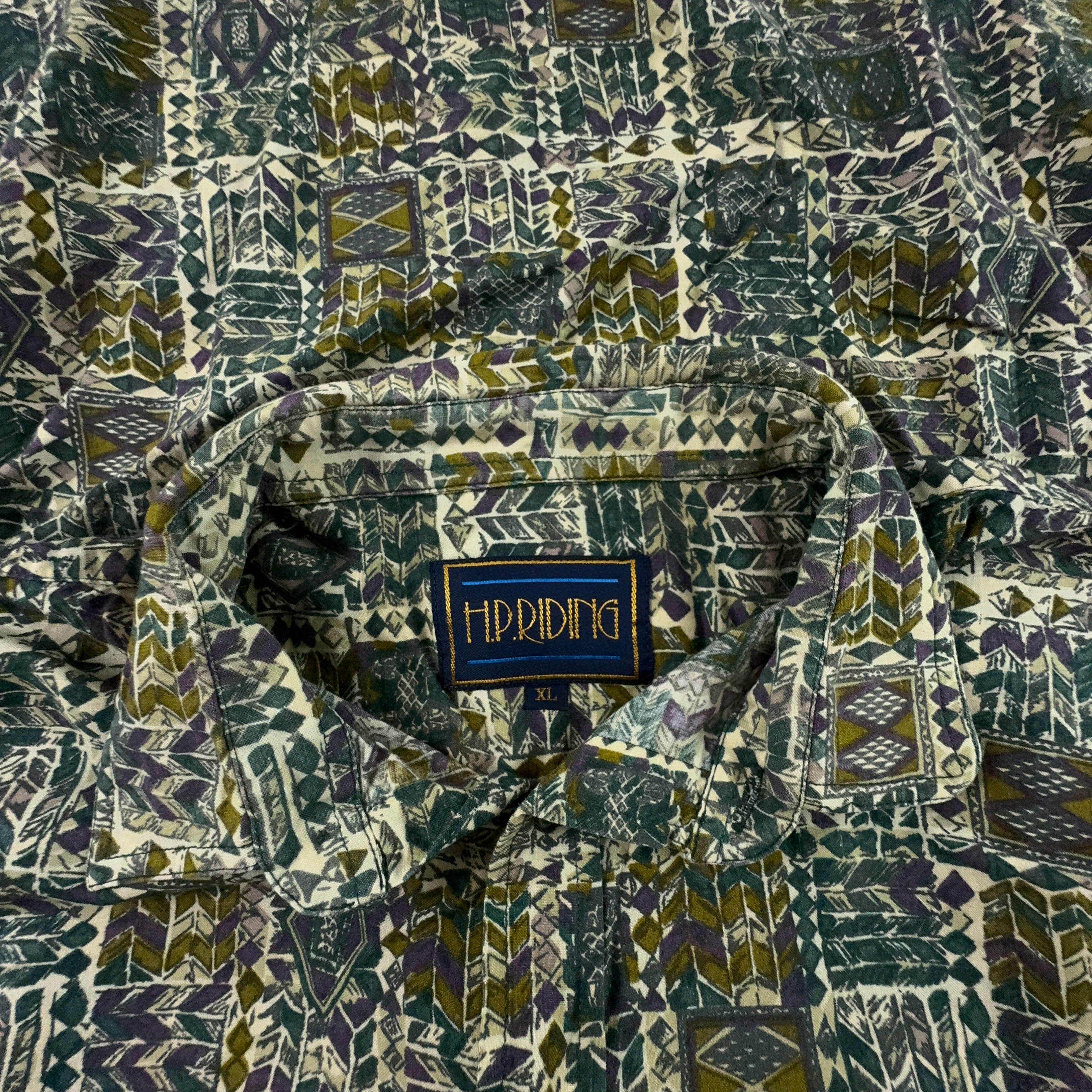 Camicia Vintage verde scuro a fantasia geometrica astratta - Taglia M/L uomo