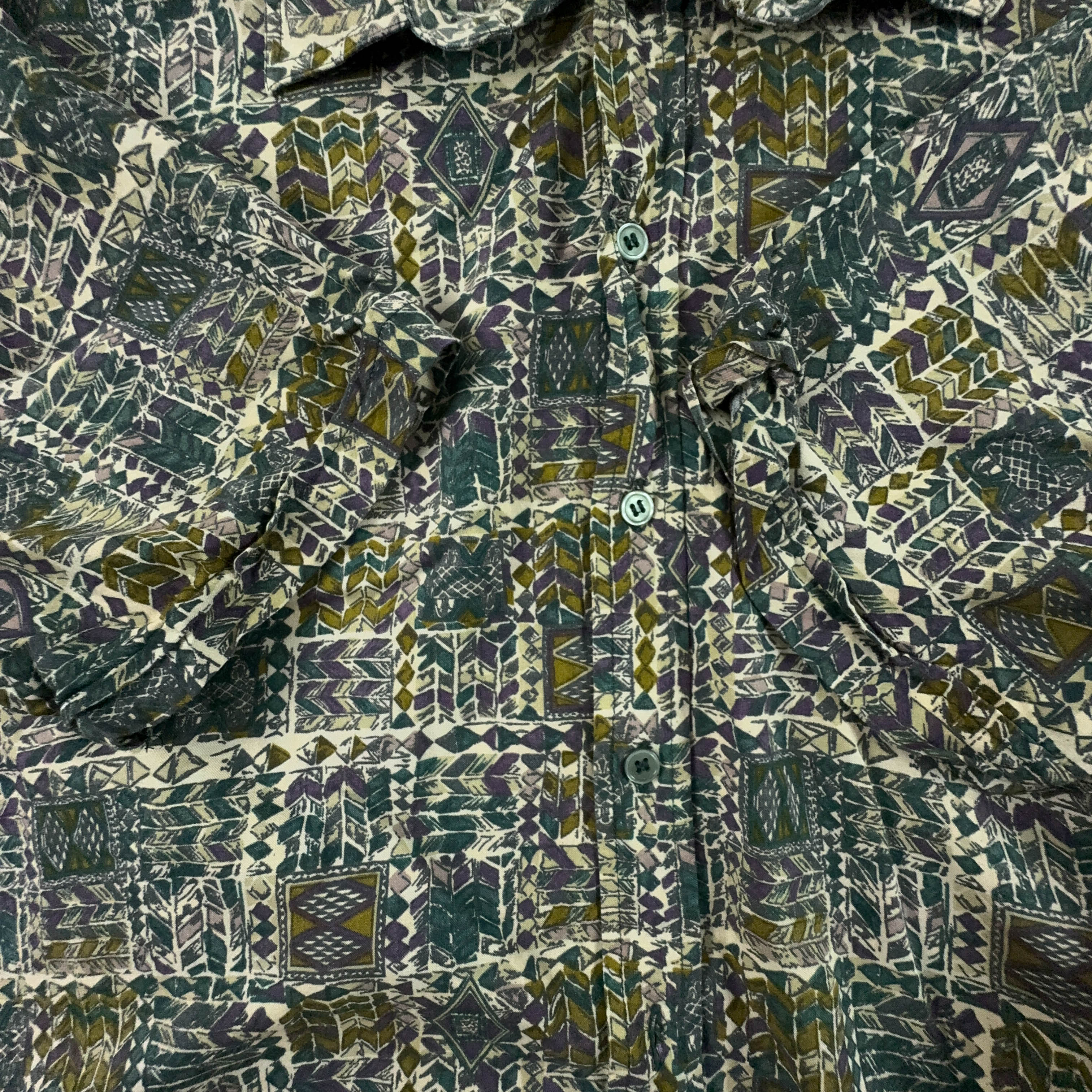 Camicia Vintage verde scuro a fantasia geometrica astratta - Taglia M/L uomo