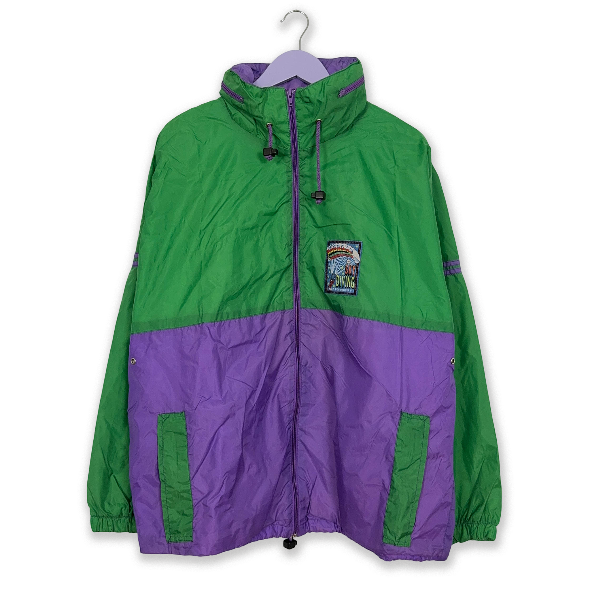 Giacca a vento Vintage verde e viola con patch e zip - Taglia XL uomo