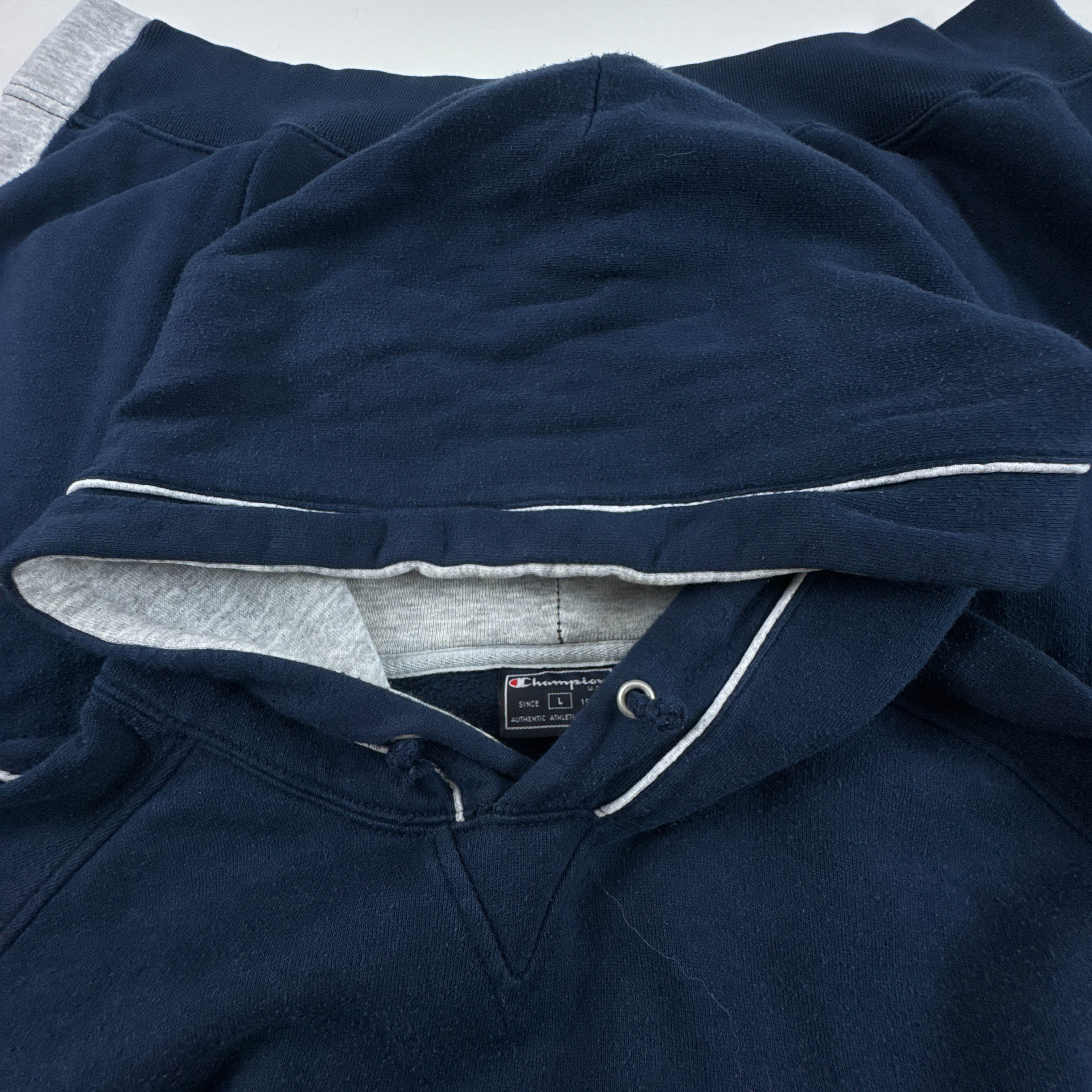 Felpa Champion Vintage blu scura e grigia con cappuccio anni 90 00 - Taglia L uomo