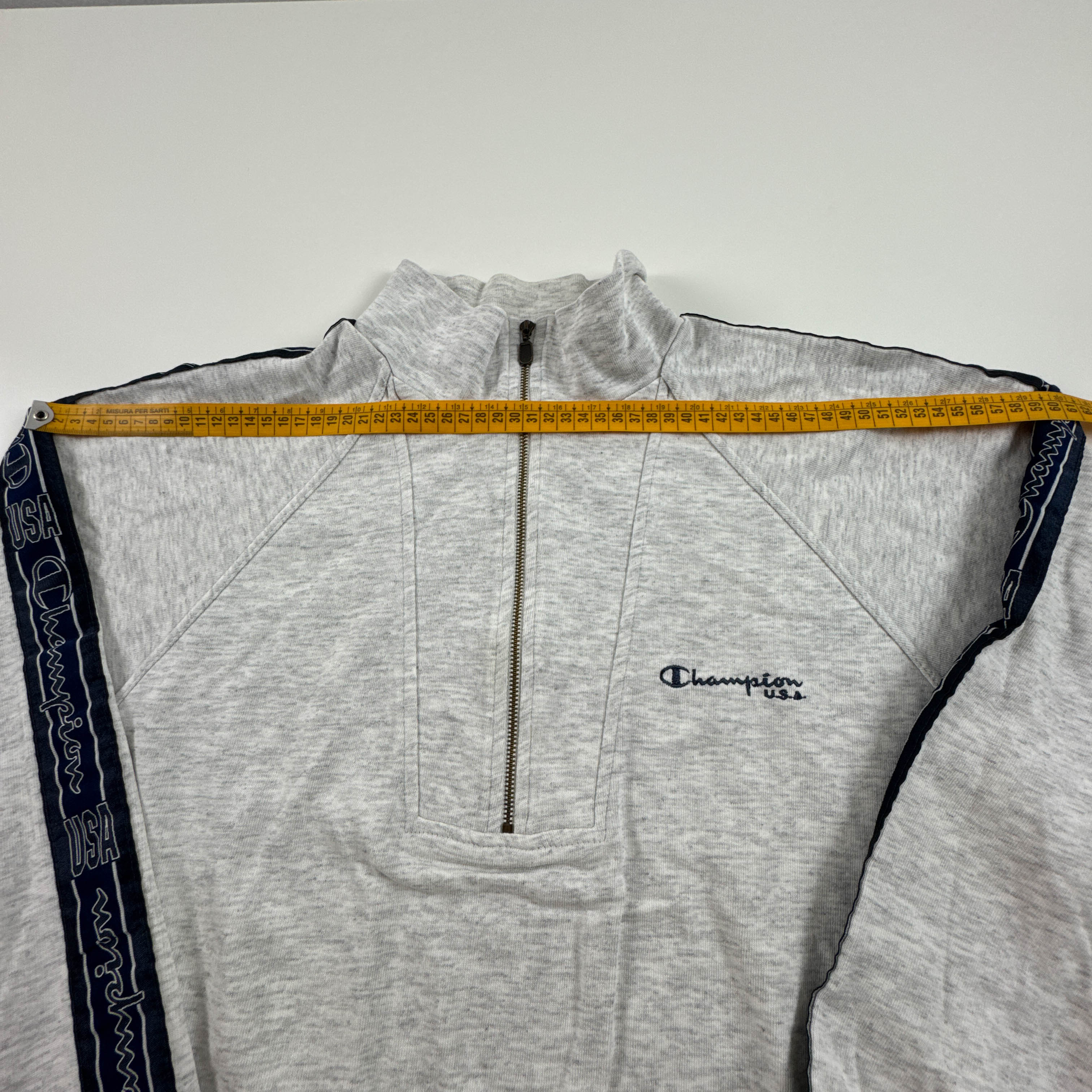 Felpa Champion Vintage grigia e blu quarter zip e ricamo anni 80 90 - Taglia L/XL uomo
