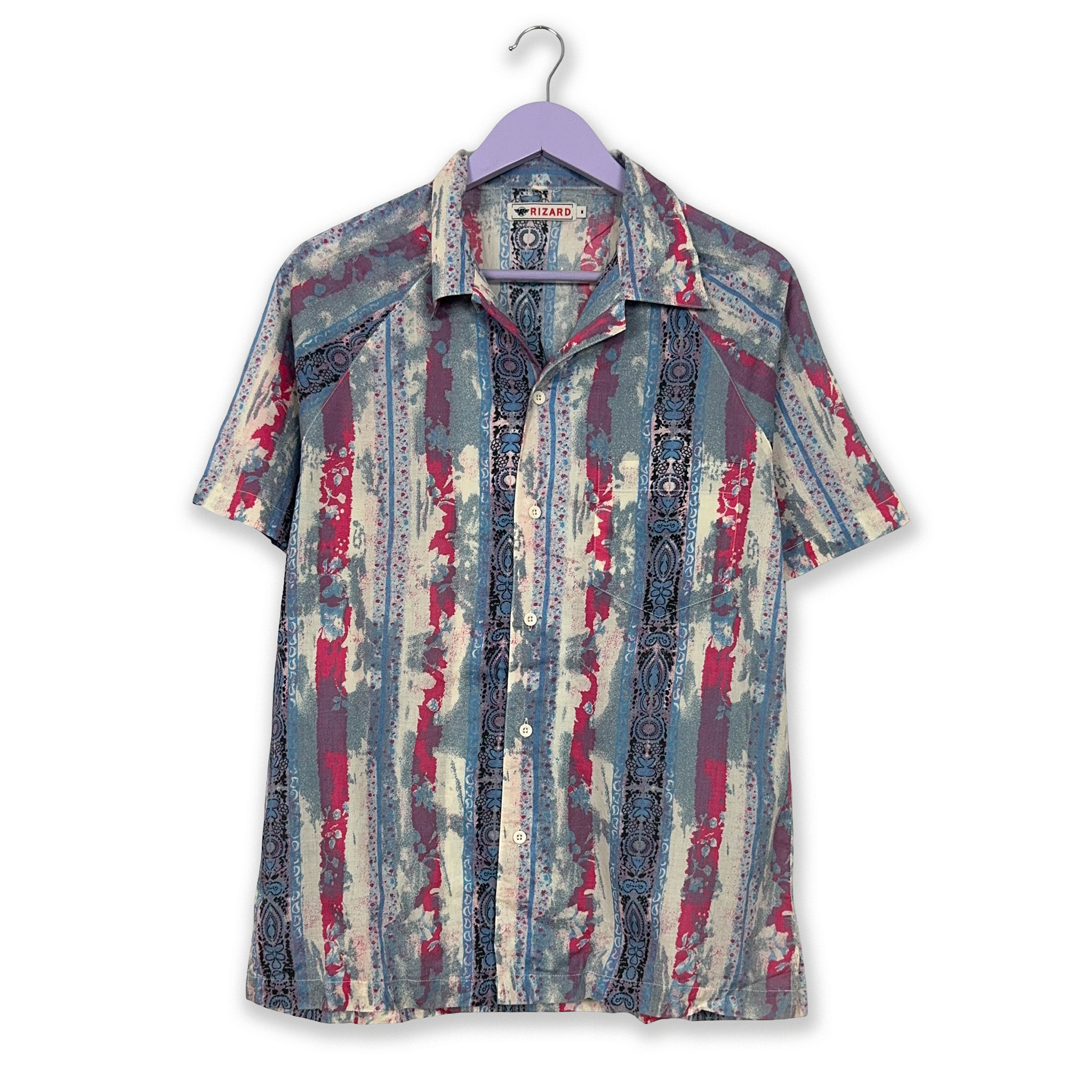 Camicia Vintage azzurra e rossa a righe a fantasia - Taglia M uomo