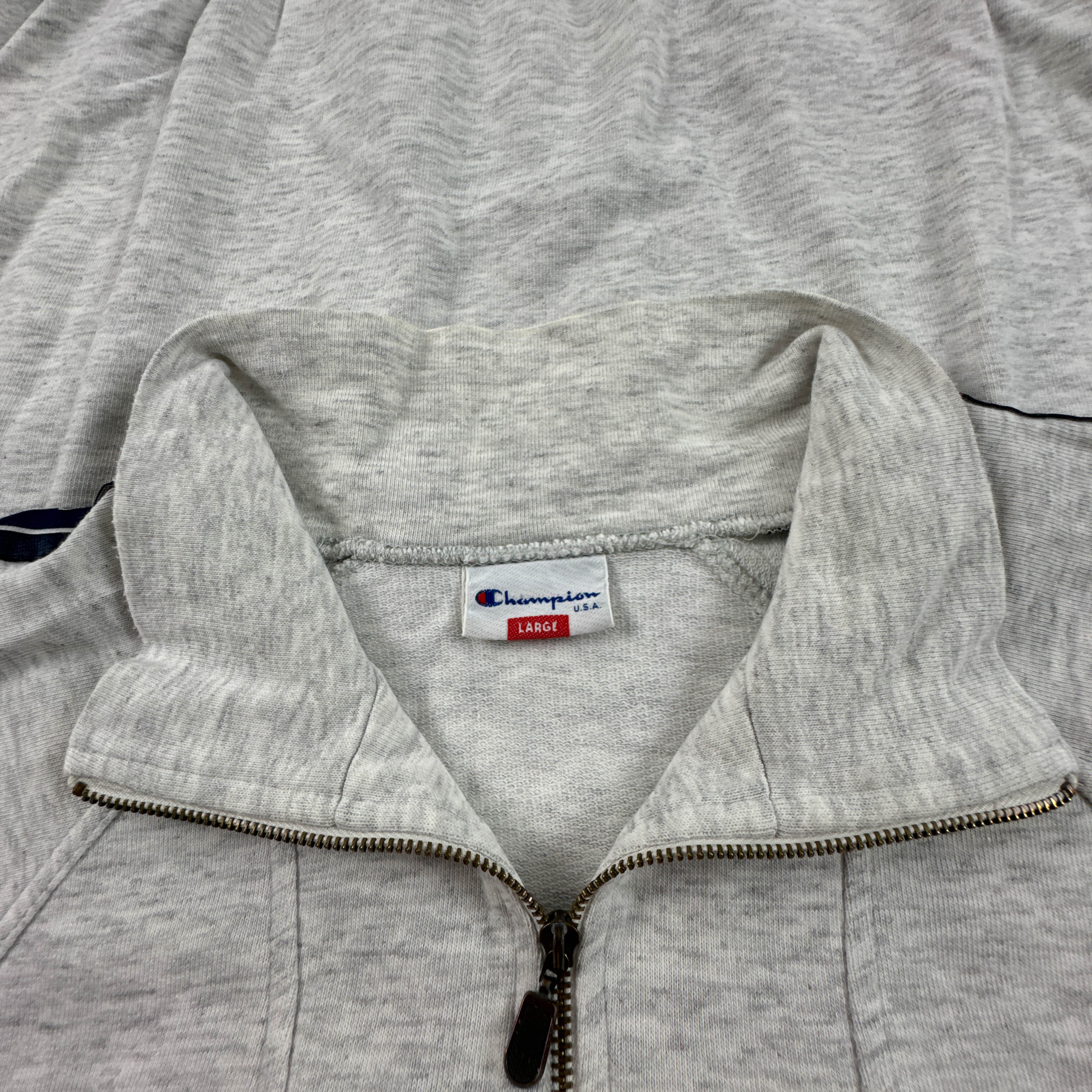 Felpa Champion Vintage grigia e blu quarter zip e ricamo anni 80 90 - Taglia L/XL uomo
