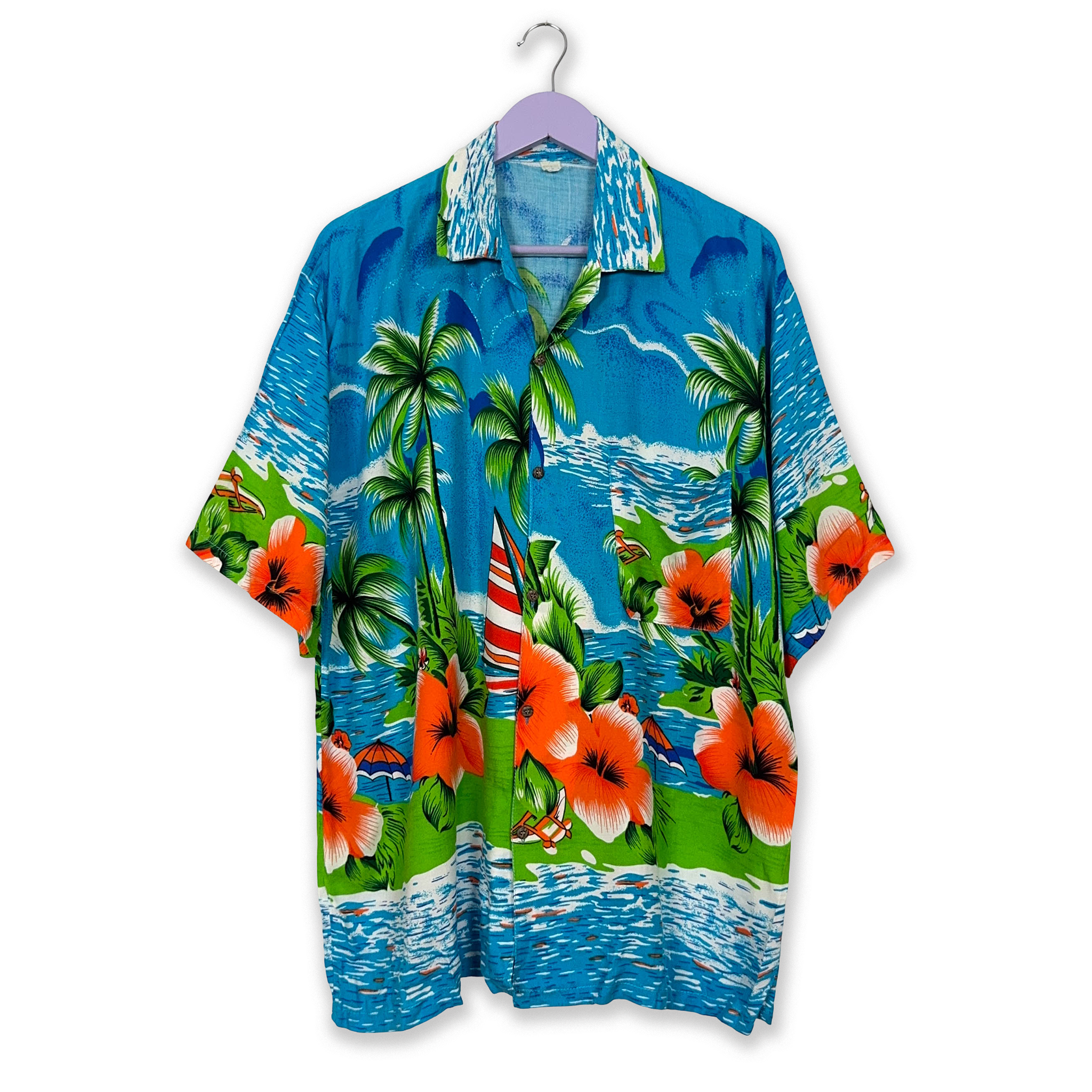 Camicia Vintage azzurra a fantasia Hawaii - Taglia XL/XXL uomo