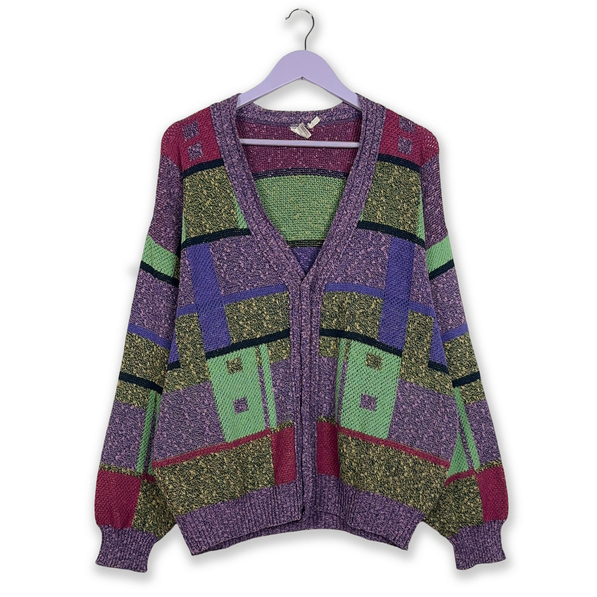 Vintage Purple and Green Geometric Pattern Cardigan - Size L Men