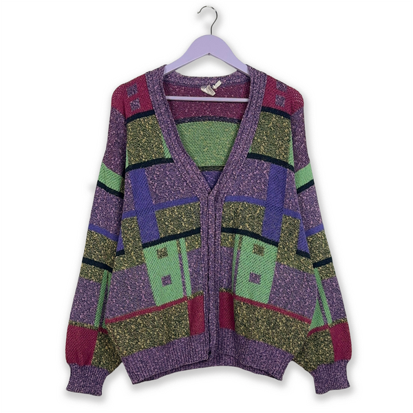 Cardigan Vintage viola e verde a fantasia geometrica - Taglia L uomo