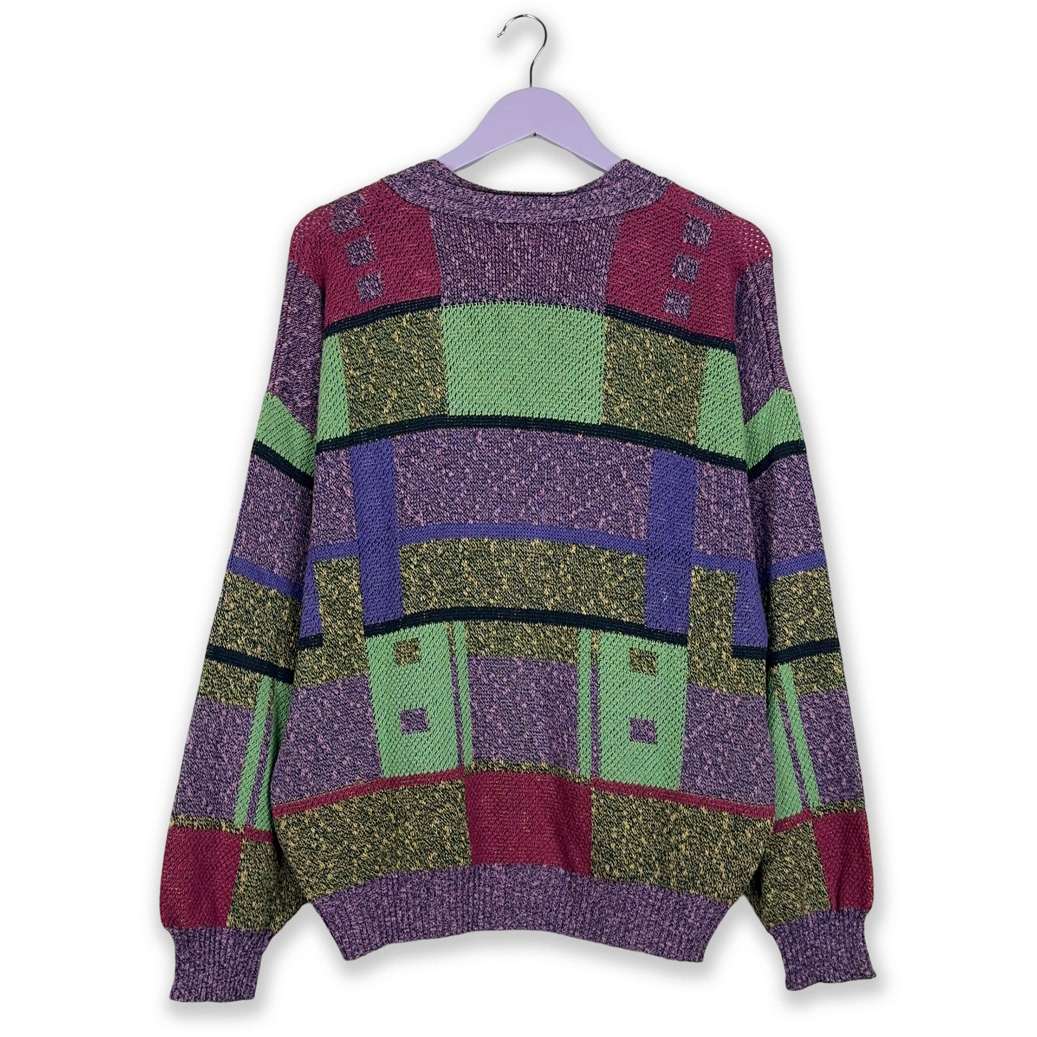 Vintage Purple and Green Geometric Pattern Cardigan - Size L Men