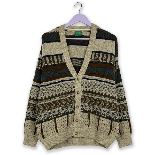 Cardigan Vintage a fantasia marrone e beige - Taglia M uomo