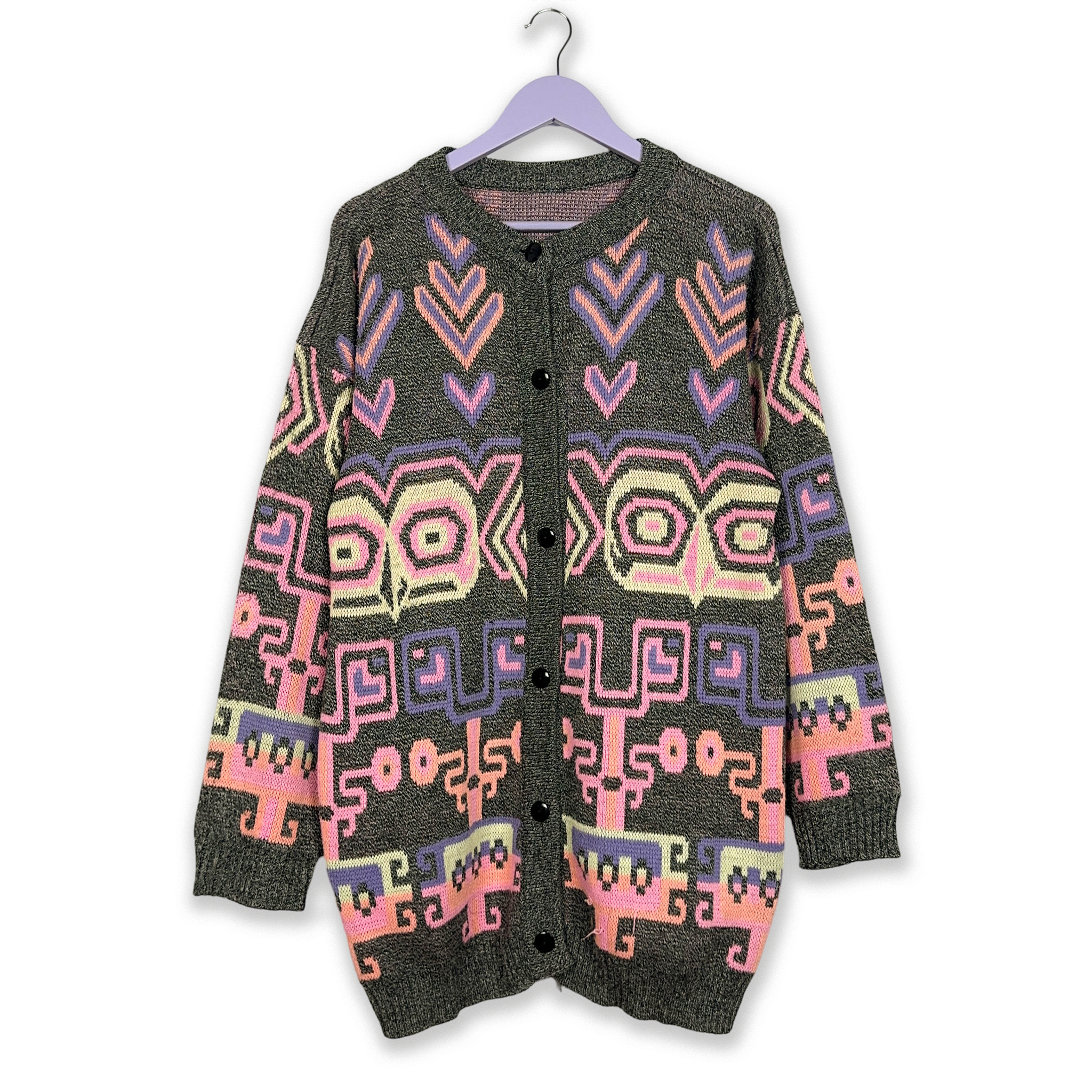 Grey and Pink Geometric Pattern Vintage Cardigan - Size XL Men