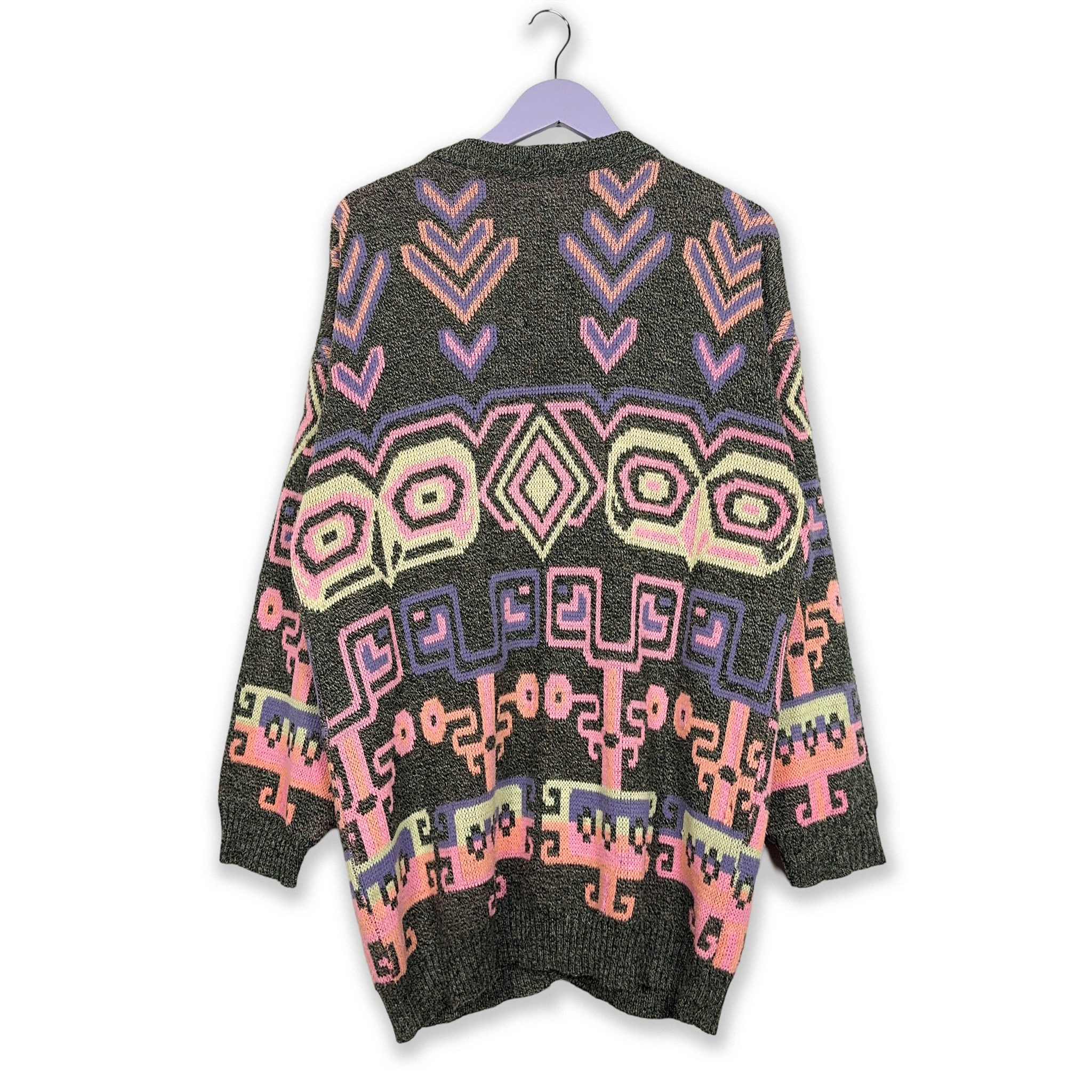 Grey and Pink Geometric Pattern Vintage Cardigan - Size XL Men