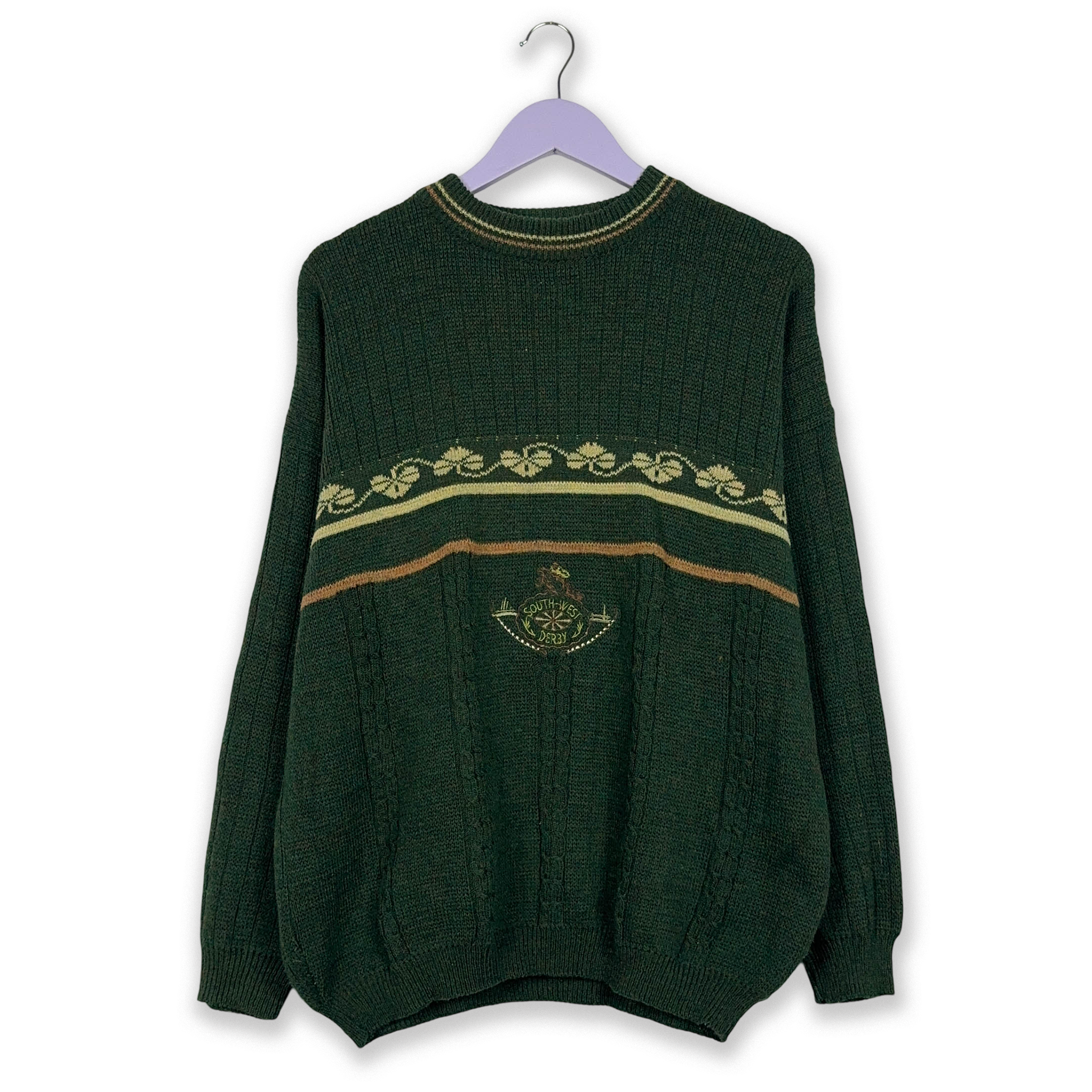 Vintage 50% Wool Green Sweater with Embroidery - Size L/XL Men