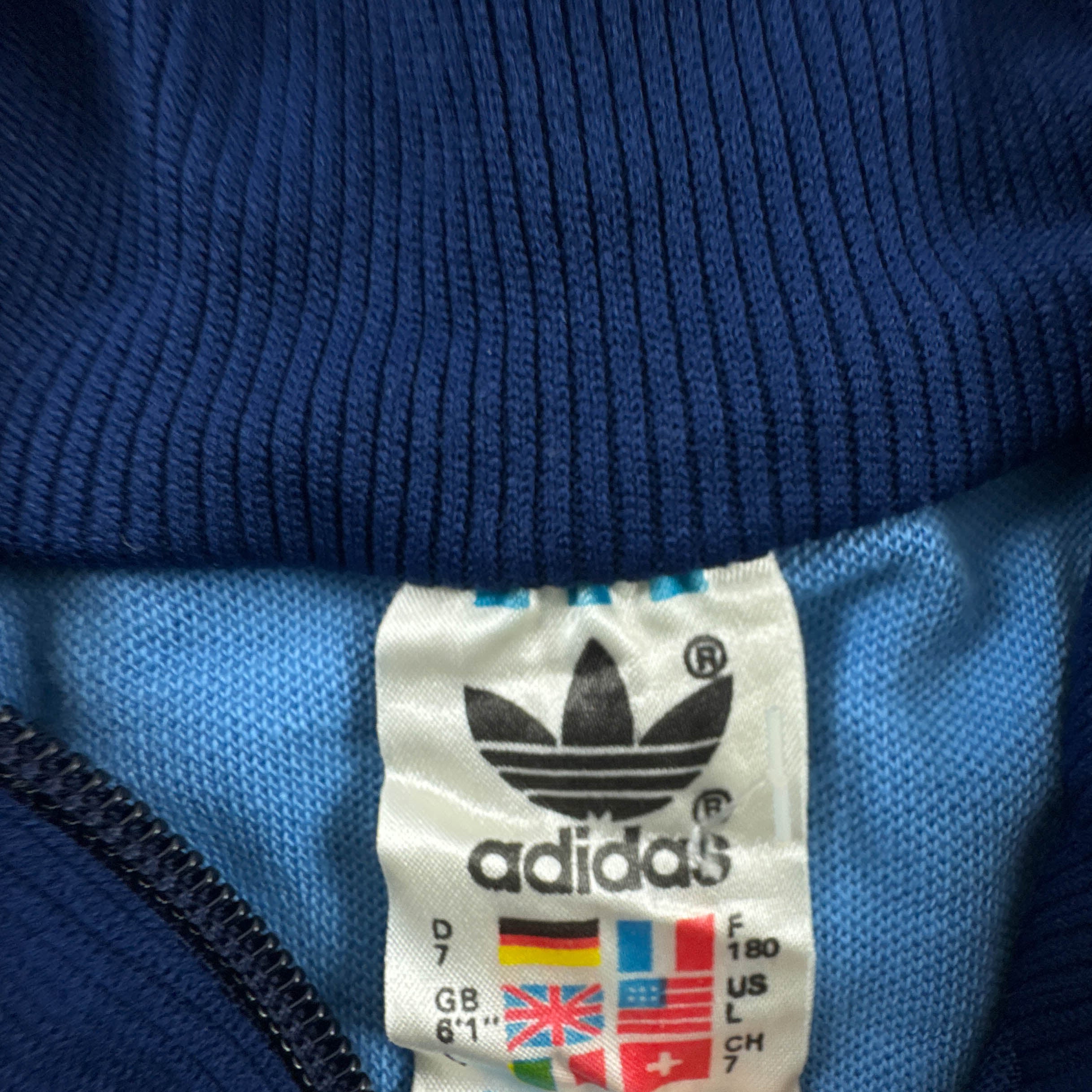 Felpa Adidas Vintage blu azzurra bianca con zip logo ricamato anni 80 - Taglia 7 uomo